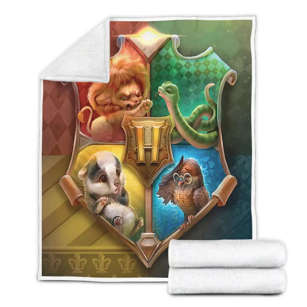 Harry Potter Cute Little Animals Symbol Of Houses In Hogwarts Crest Fleece Blanket 
