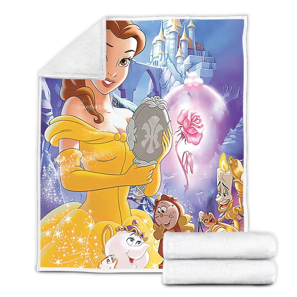 Disney Princess Belle With The Furniture And The Rose In Front Of The Castle Fleece Blanket 