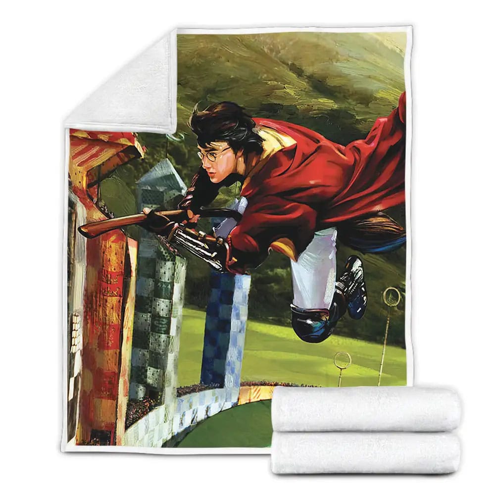 Harry Potter Riding Flying Broomstick In A Quidditch Match Painting Fleece Blanket 