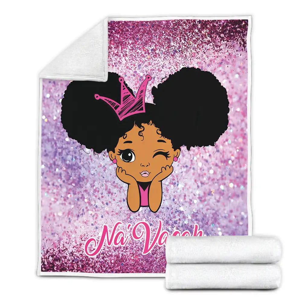 Little Melanin Queen Black Girl Magic Princess Wink Custom Name Fleece Blanket 