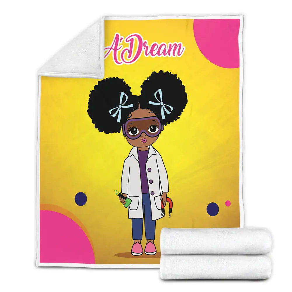 Little Melanin Queen Black Girl Magic Little Girl With Puff Afro Ponytails Science Custom Name Fleece Blanket 