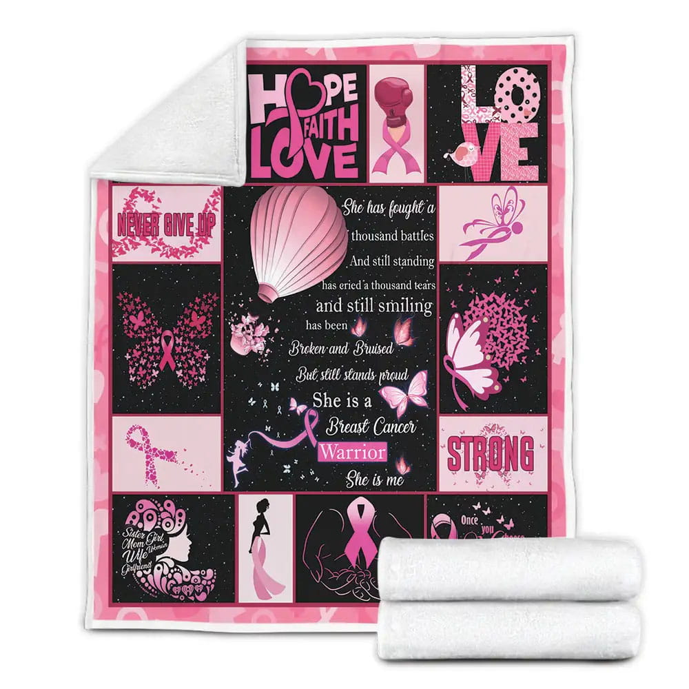 She Is Breast Cancer Warrior She Is Me Fleece Blanket Gift For Wife Husband Besties