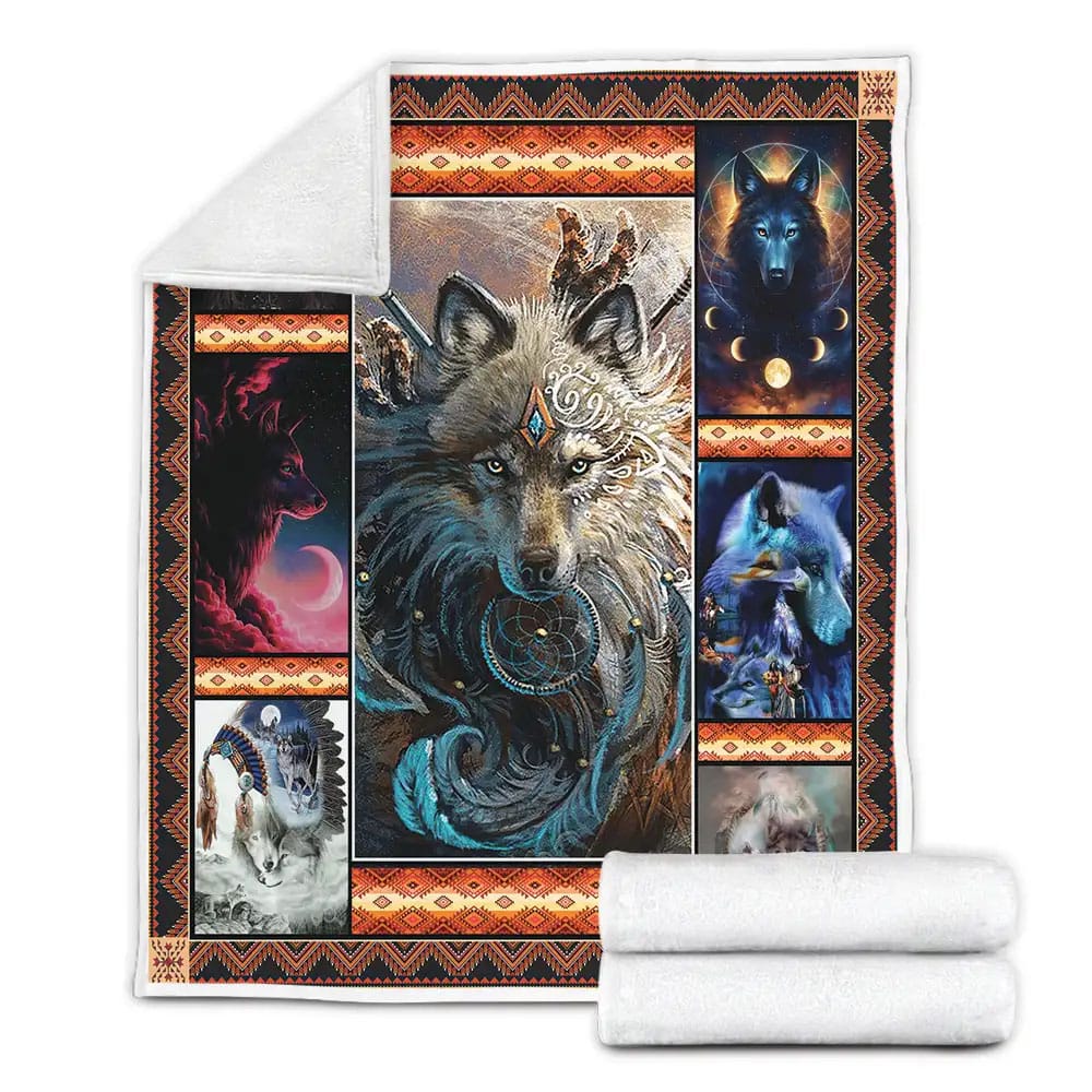 Native American Wolf Fleece Blanket Gift For Birthday Halloween Christmas