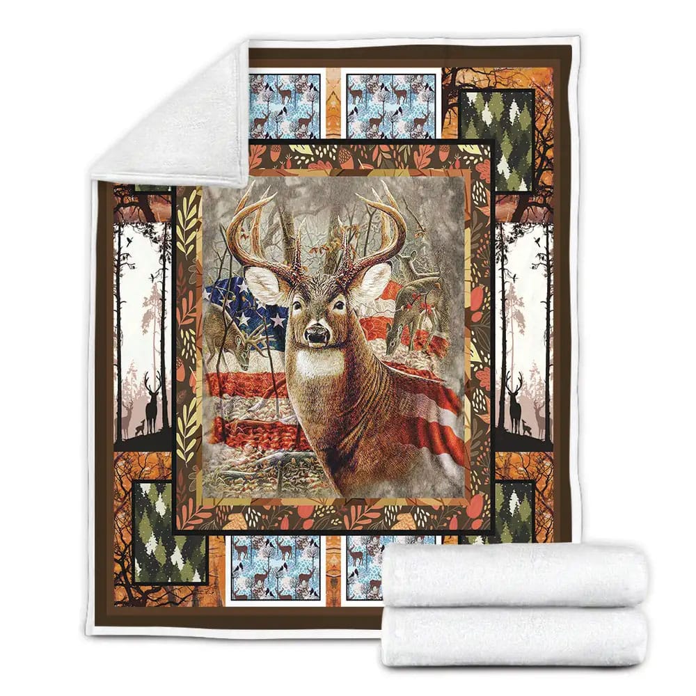 Deer Hunting American Flag Camo Fleece Blanket Gift For Wife Husband Besties
