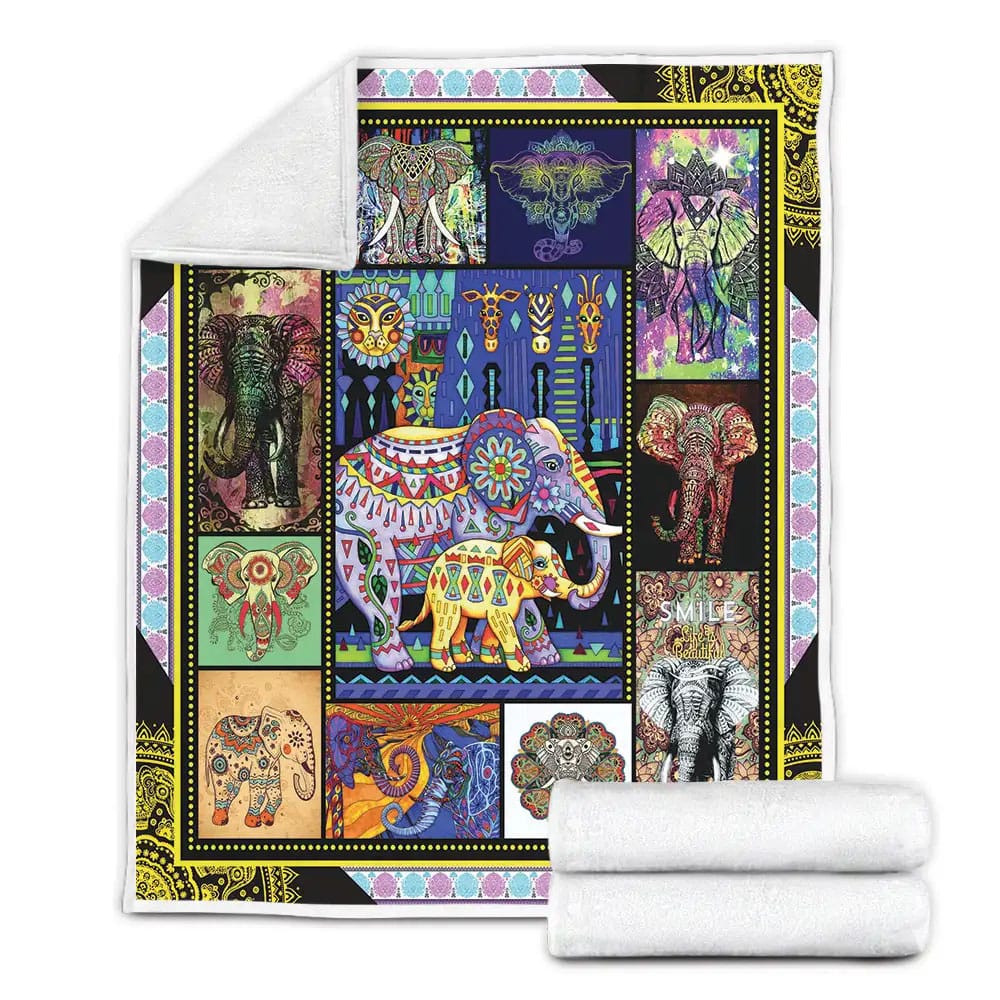 Bohemian Elephant Flower Fleece Blanket Gift For Wife Husband Besties