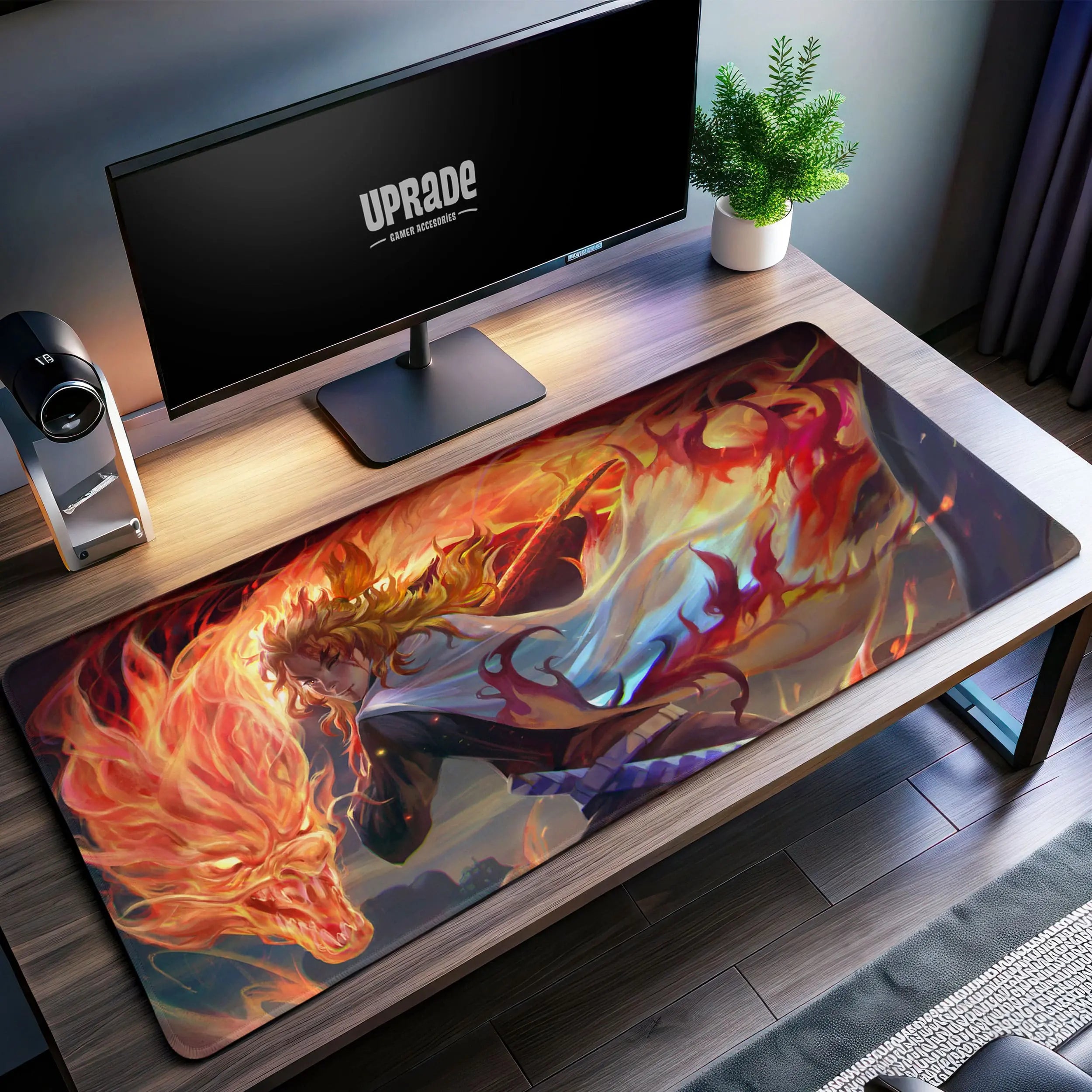 Allleftout Rengoku Flame Spirit Desk Mat, Demon Slayer Mouse Pad