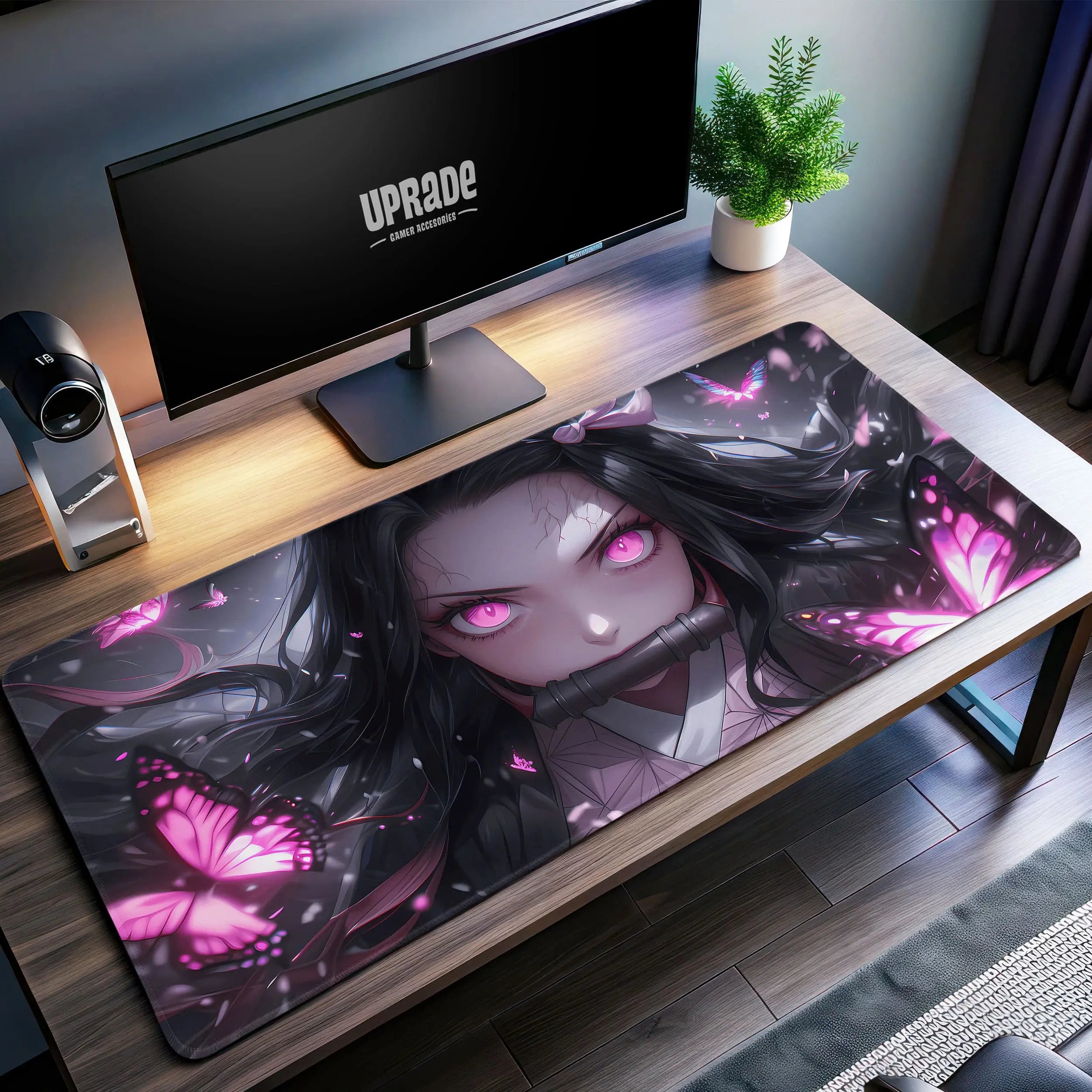 Allleftout Nezuko Kamado Butterfly Glow Desk Mat, Demon Slayer Mouse Pad