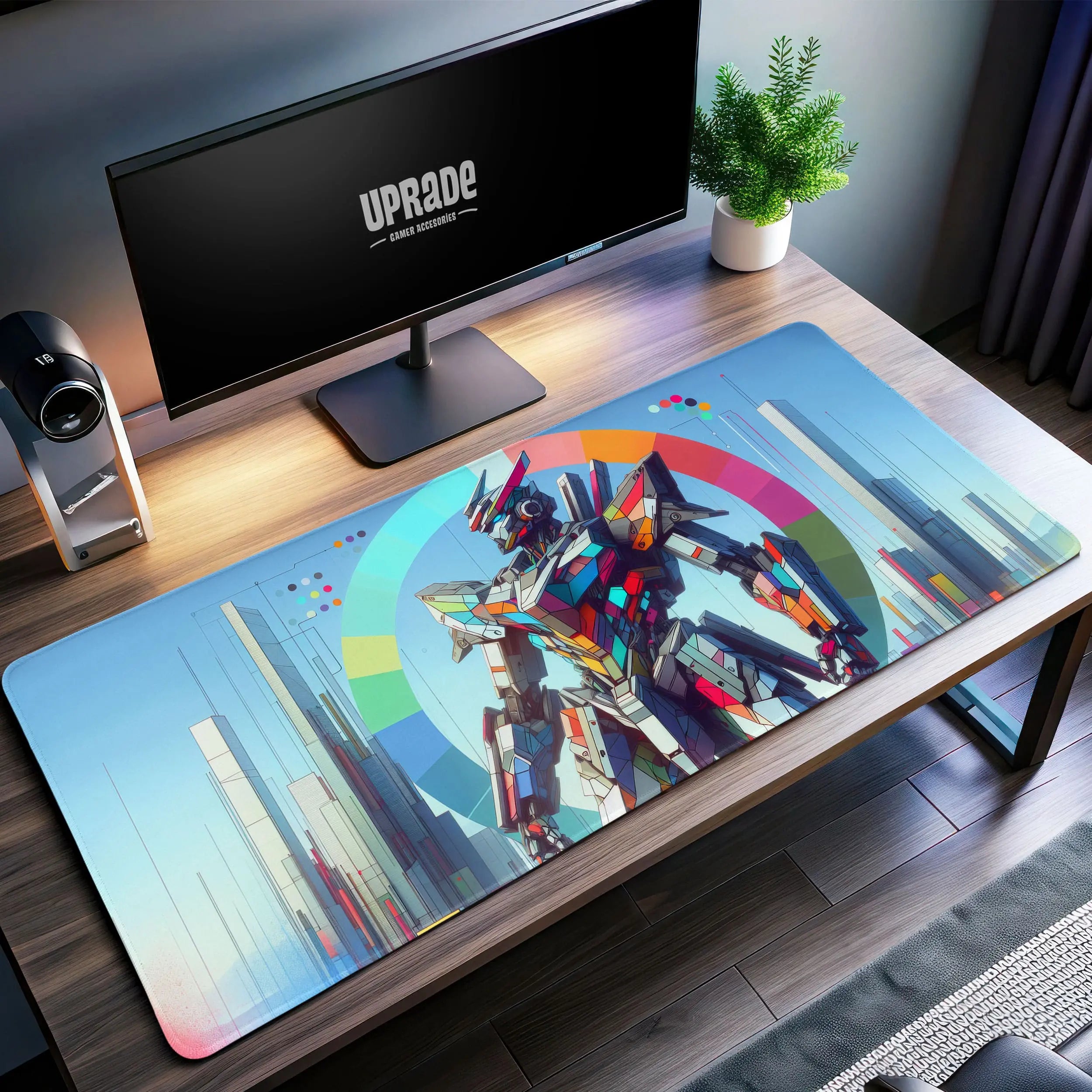 Allleftout Colorful Gundam Cityscape Desk Mat, Mecha Art Mouse Pad