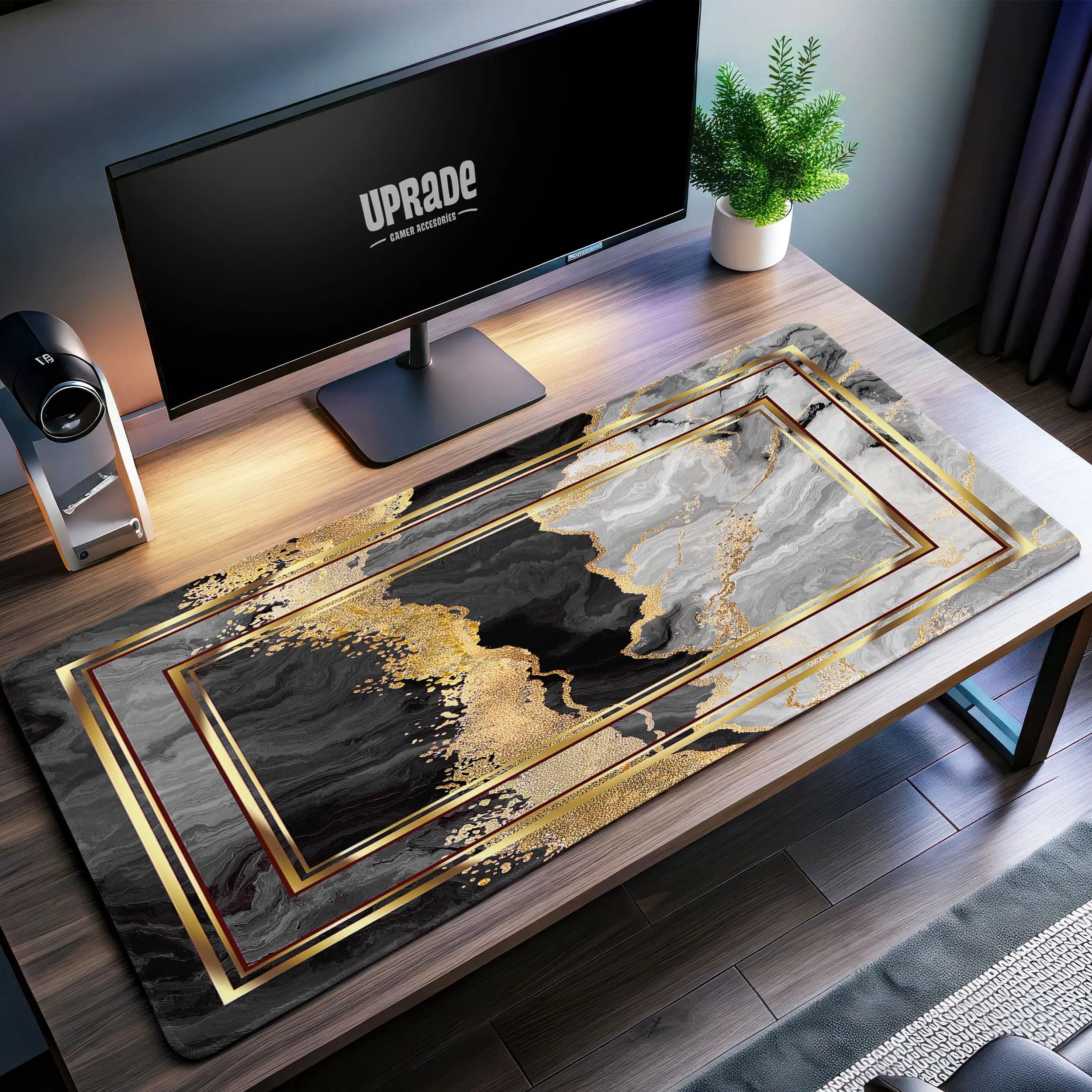 Allleftout Geometric Marble Desk Mat, Gold And Black Mouse Pad