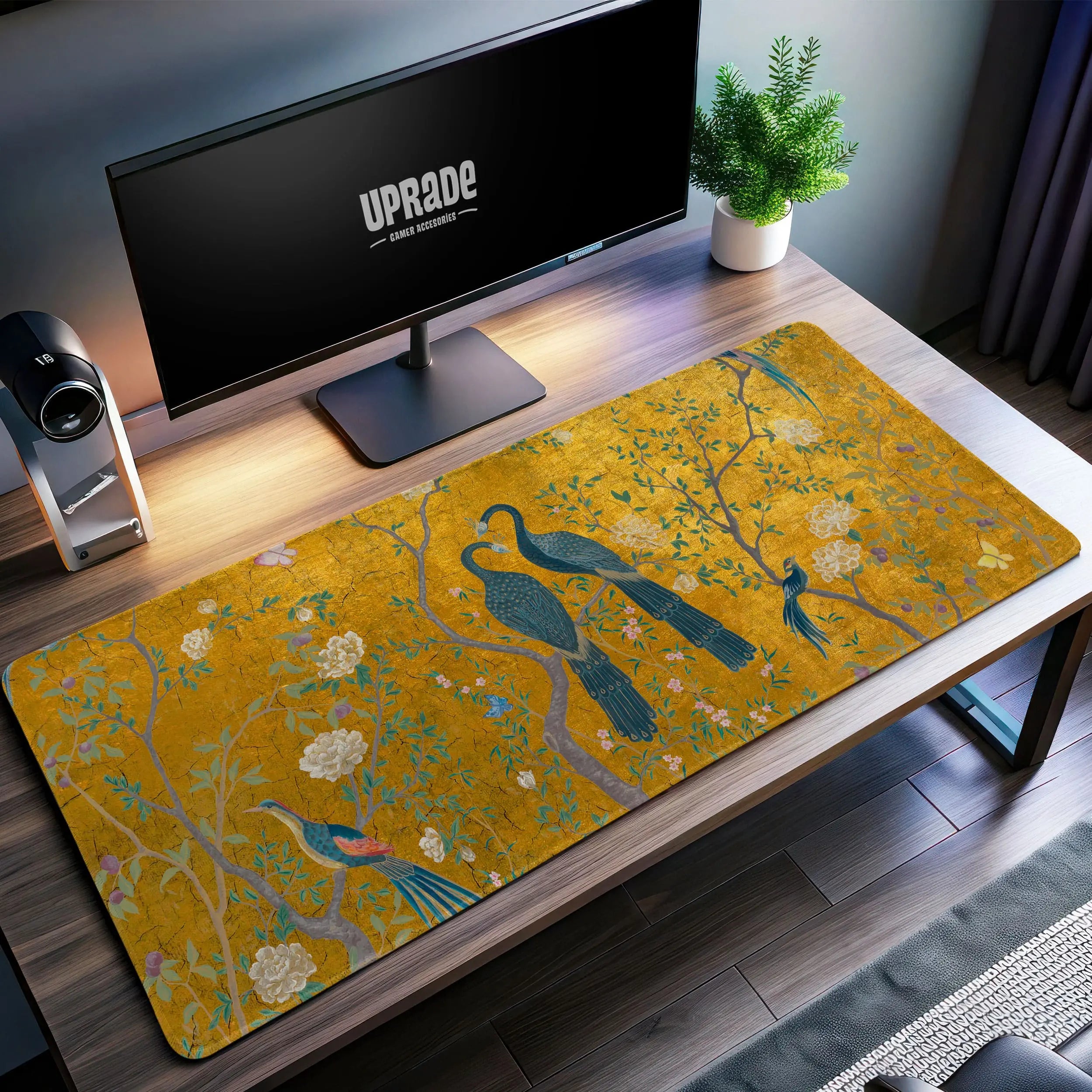 Allleftout Golden Elegance Desk Mat, Vintage Peacock Mouse Pad