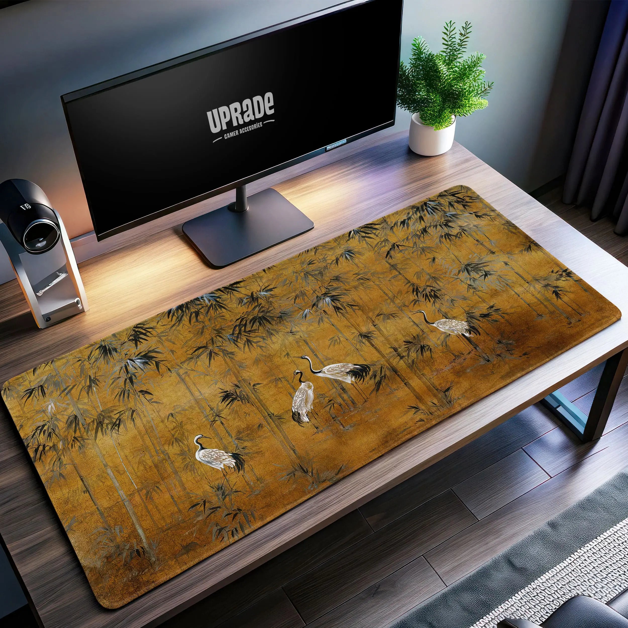 Allleftout Golden Bamboo Crane Desk Mat, Elegant Nature Mouse Pad