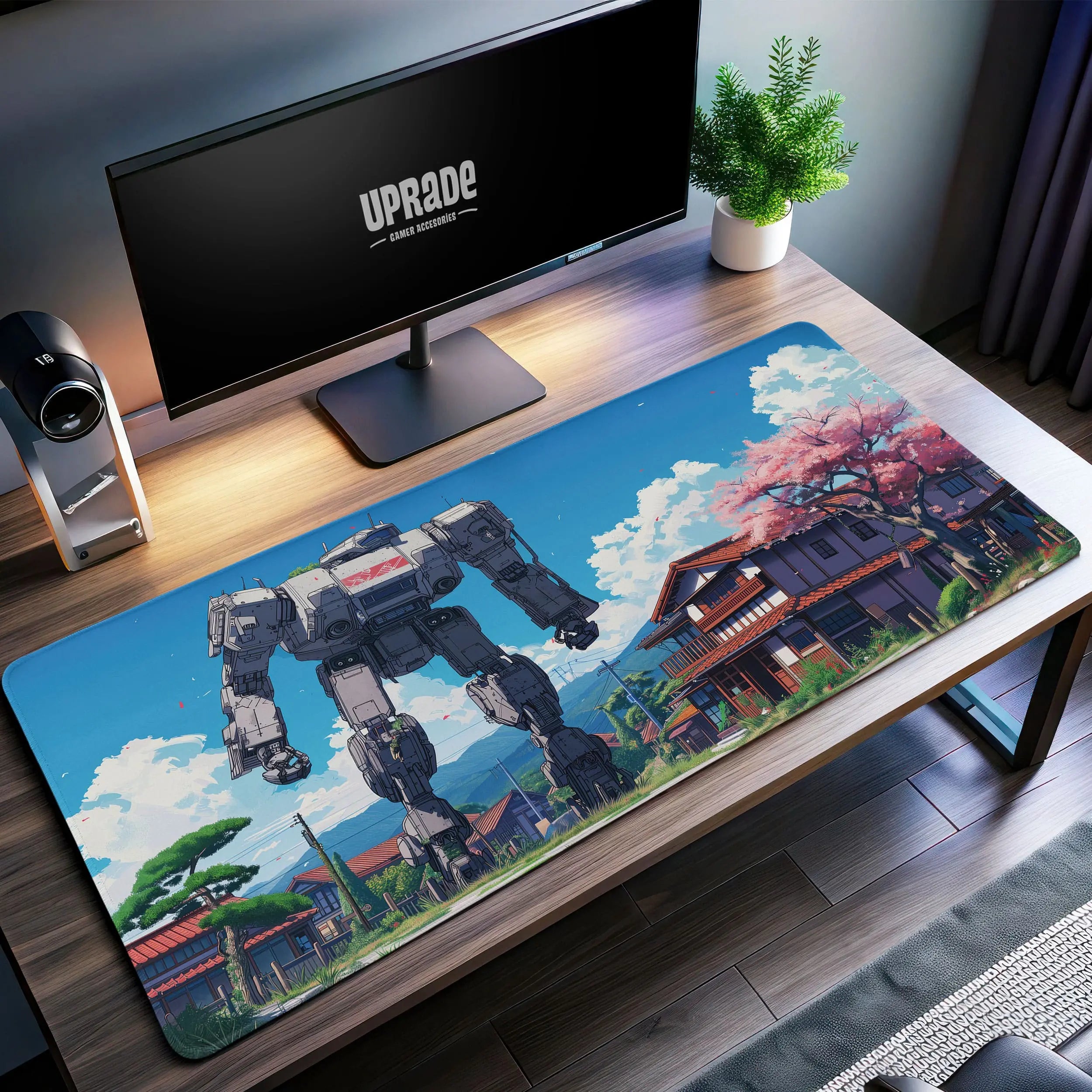 Allleftout Mecha In Sakura Village Desk Mat, Robot Anime Mouse Pad