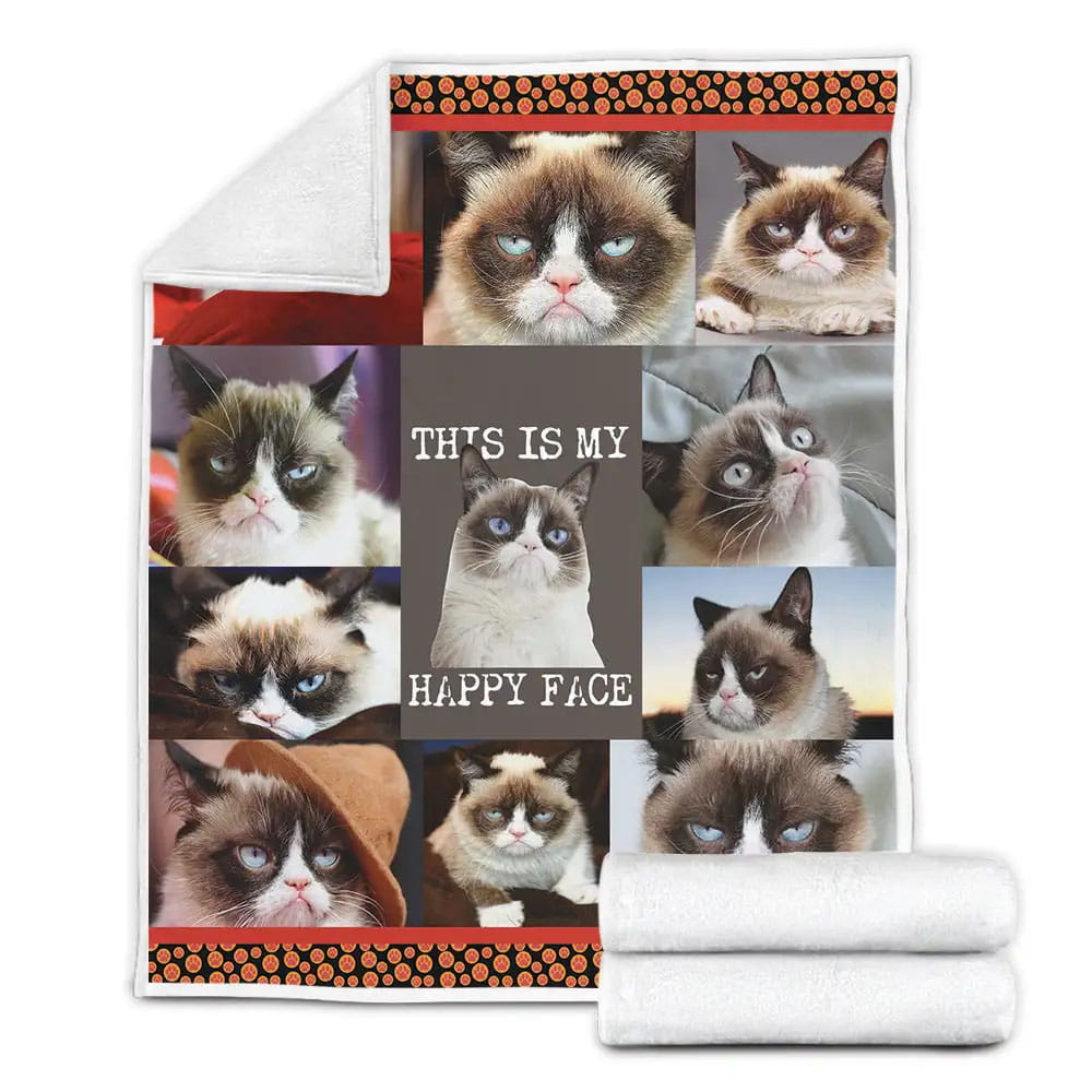 Grumpy Cat This Is My Happy Face Fleece Blanket Gift For Birthday Halloween Christmas