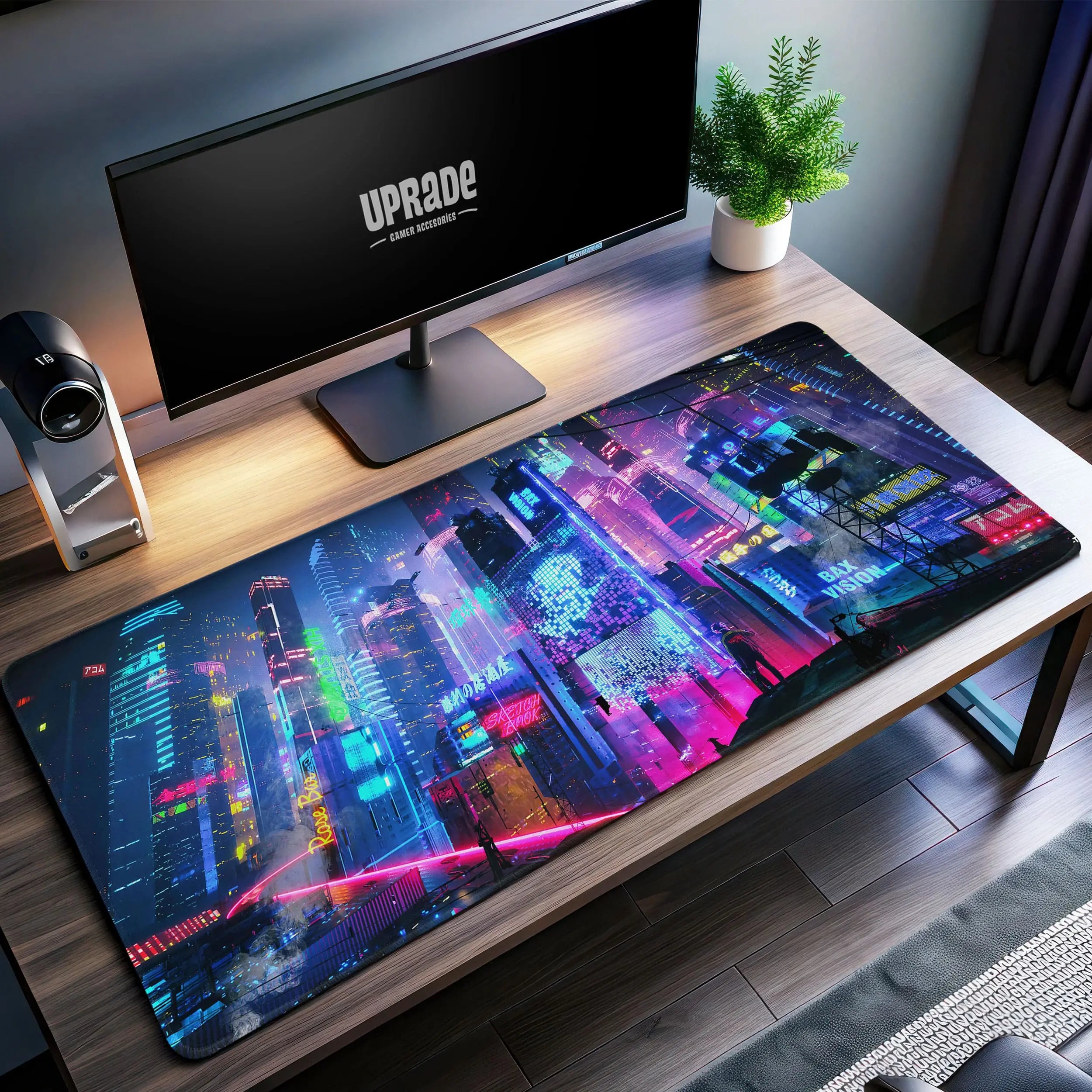 Allleftout Cyberpunk Neon Skyline Desk Mat, Futuristic Mouse Pad