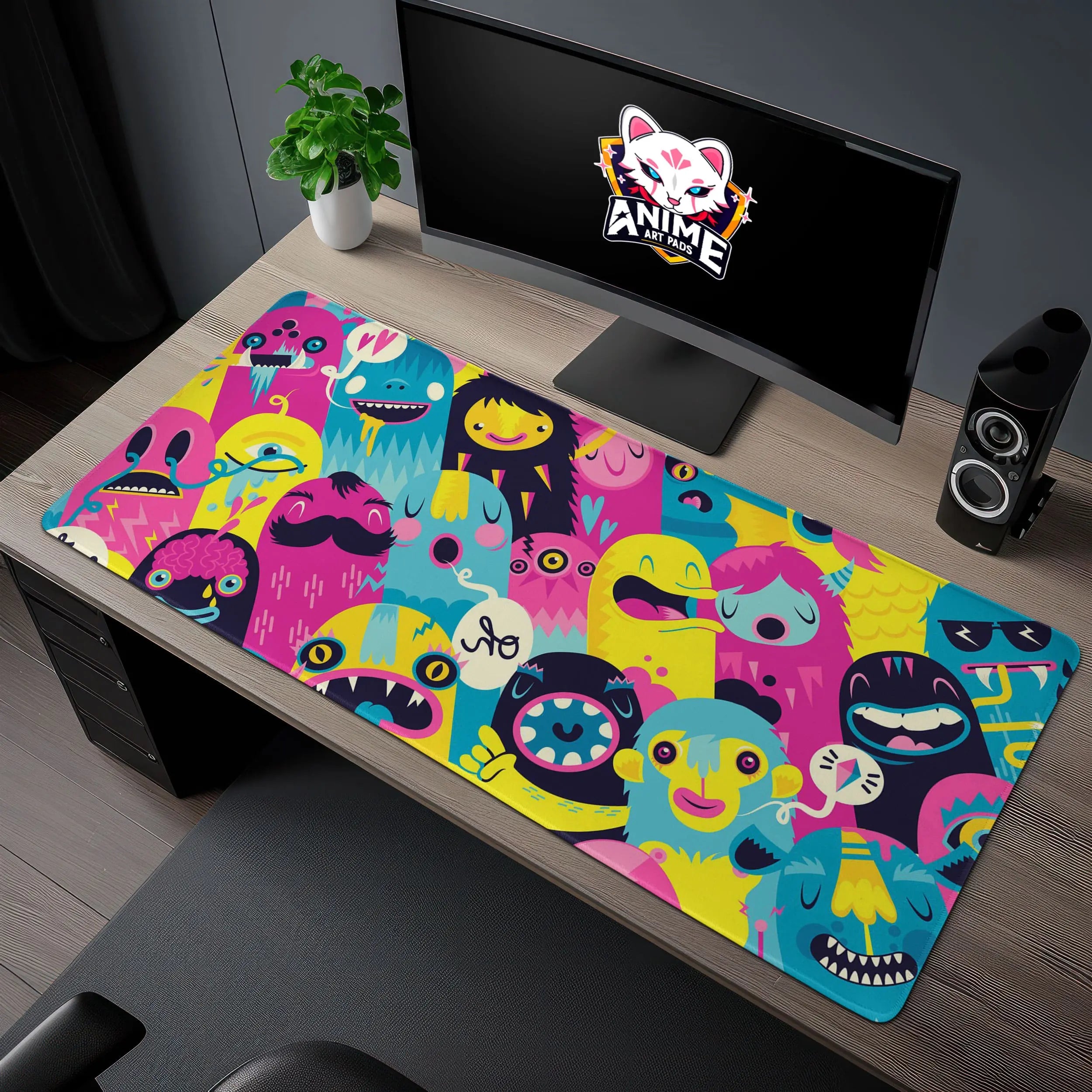 Allleftout Colorful Monster Party Desk Mat, Vibrant Character Mouse Pad