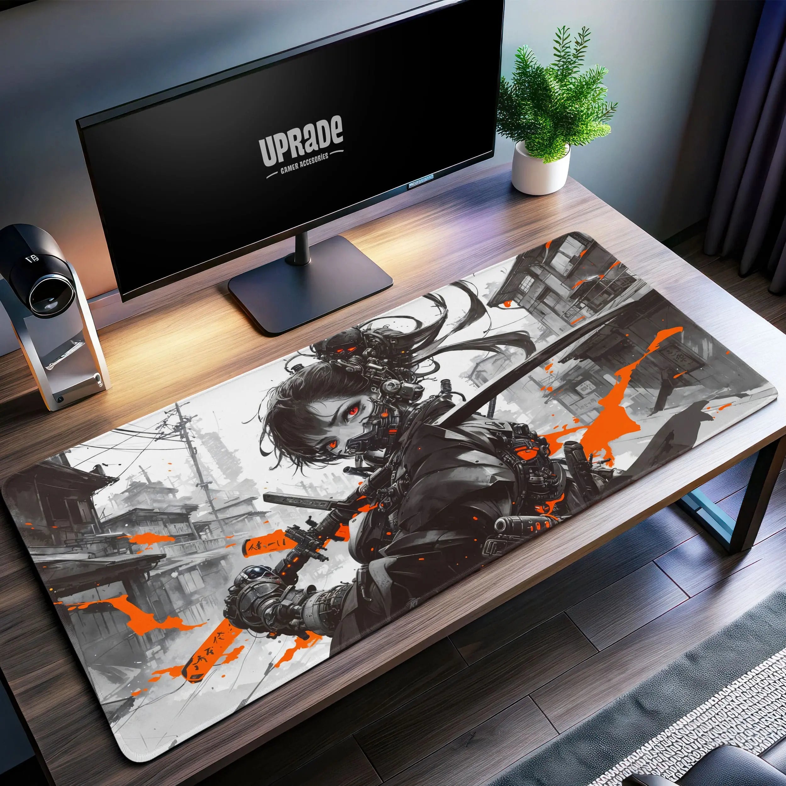 Allleftout Cyberpunk Samurai Desk Mat, Futuristic Warrior Mouse Pad
