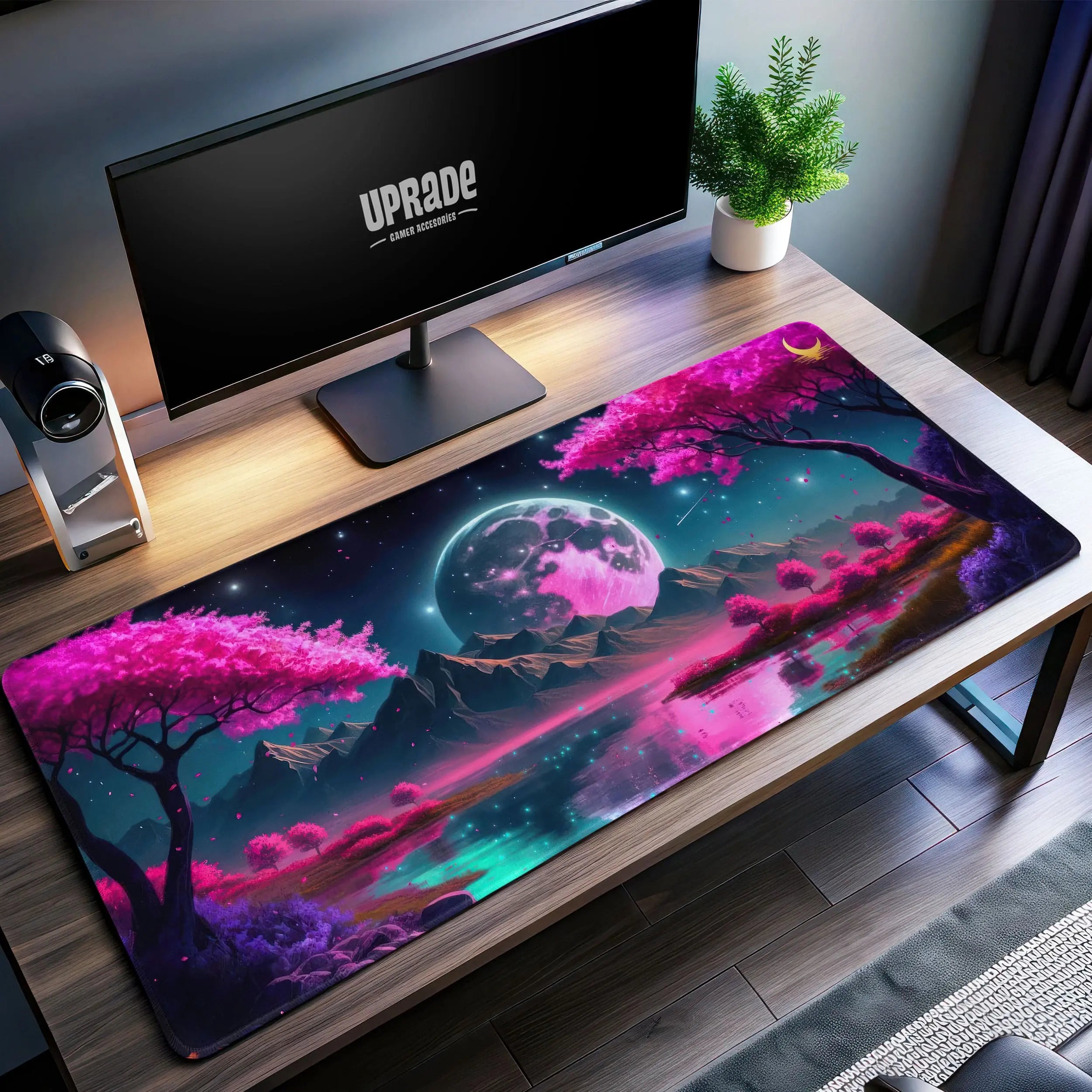 Allleftout Pink Lunar Dreamscape Desk Mat, Enchanted Night Mouse Pad