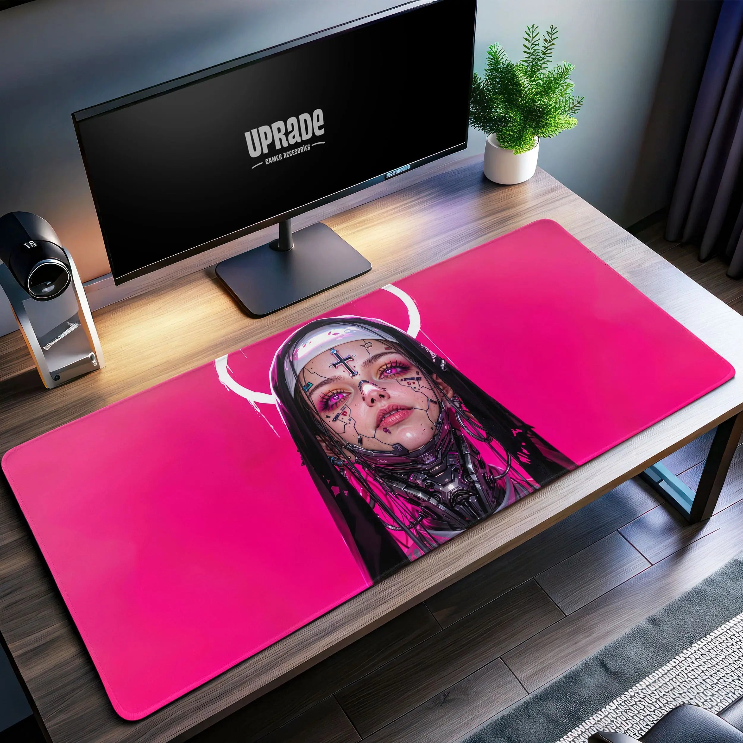 Allleftout Cyberpunk Nun Desk Mat, Futuristic Pink Mouse Pad