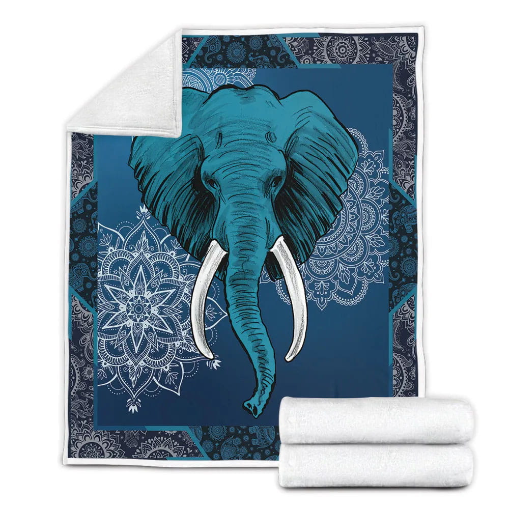 Elephant Blue Mandala Pattern Fleece Blanket Gift For Birthday Halloween Christmas
