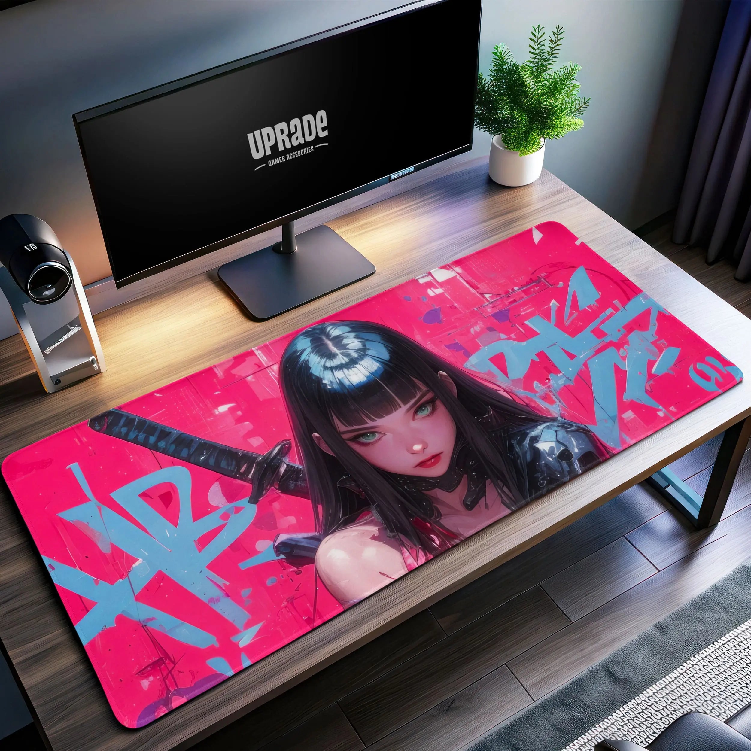 Allleftout Cyberpunk Samurai Girl Desk Mat, Neon Graffiti Mouse Pad
