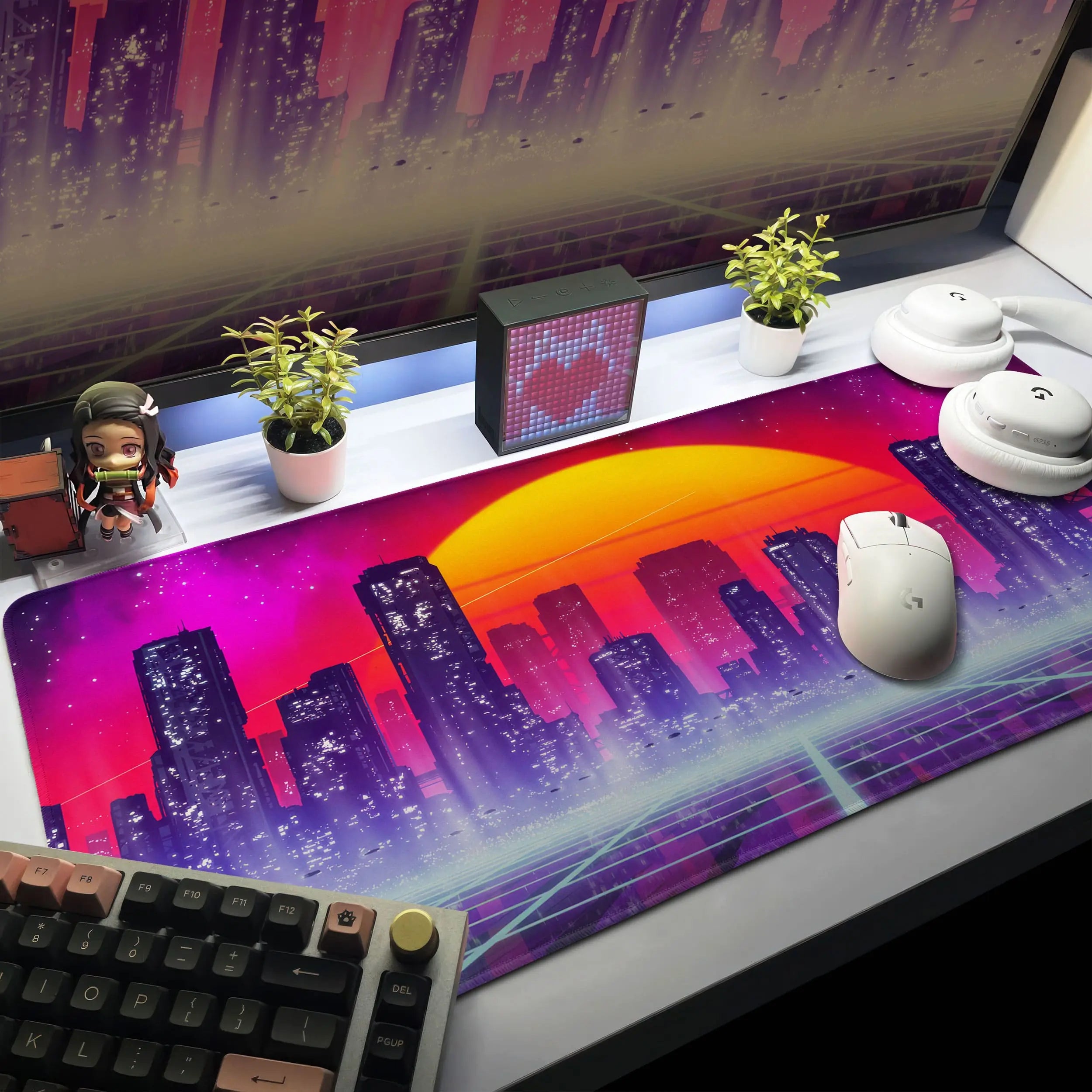Allleftout Retro Neon City Desk Mat, Cyberpunk Skyline Mouse Pad