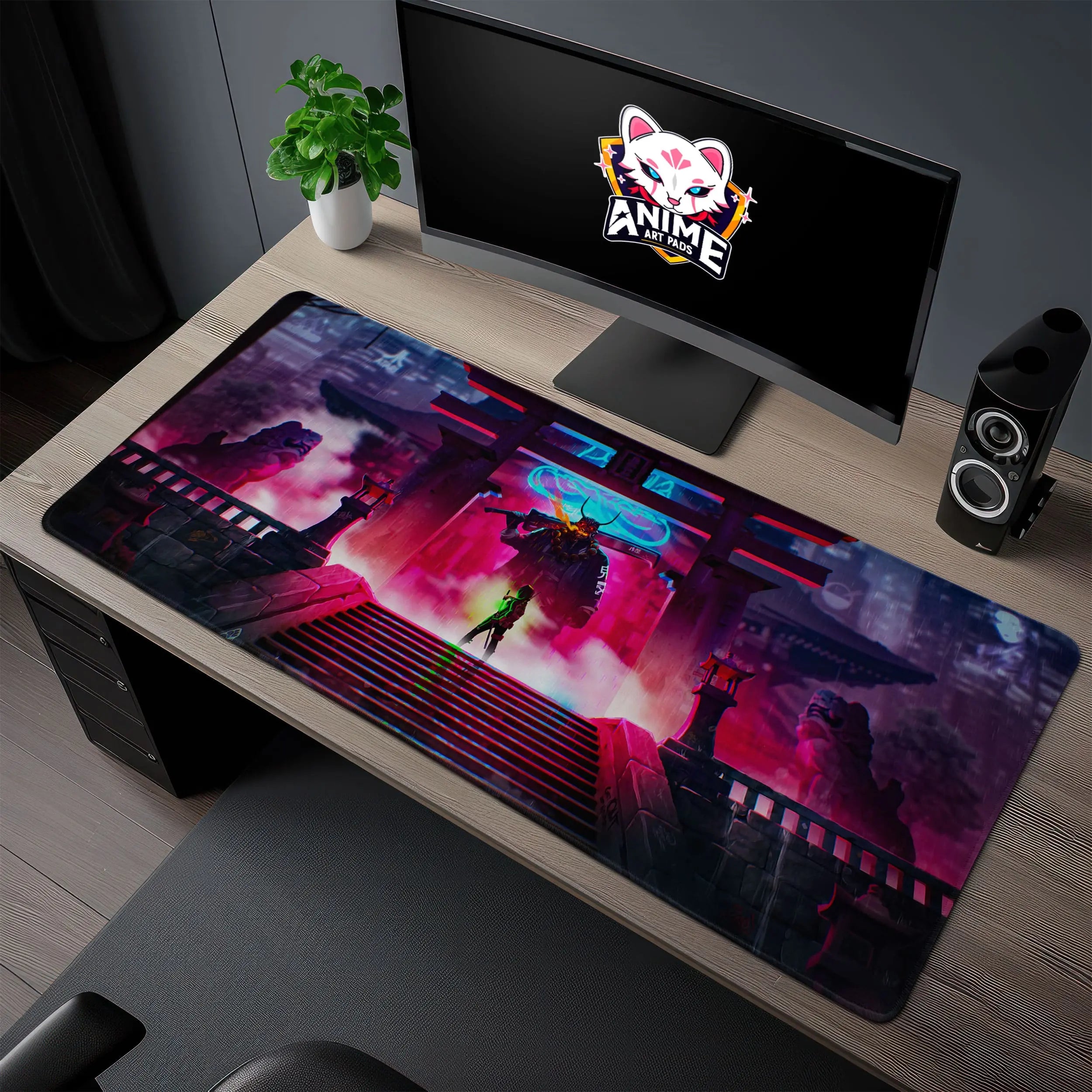 Allleftout Cyber Samurai Battle Desk Mat, Neon Warrior Mouse Pad