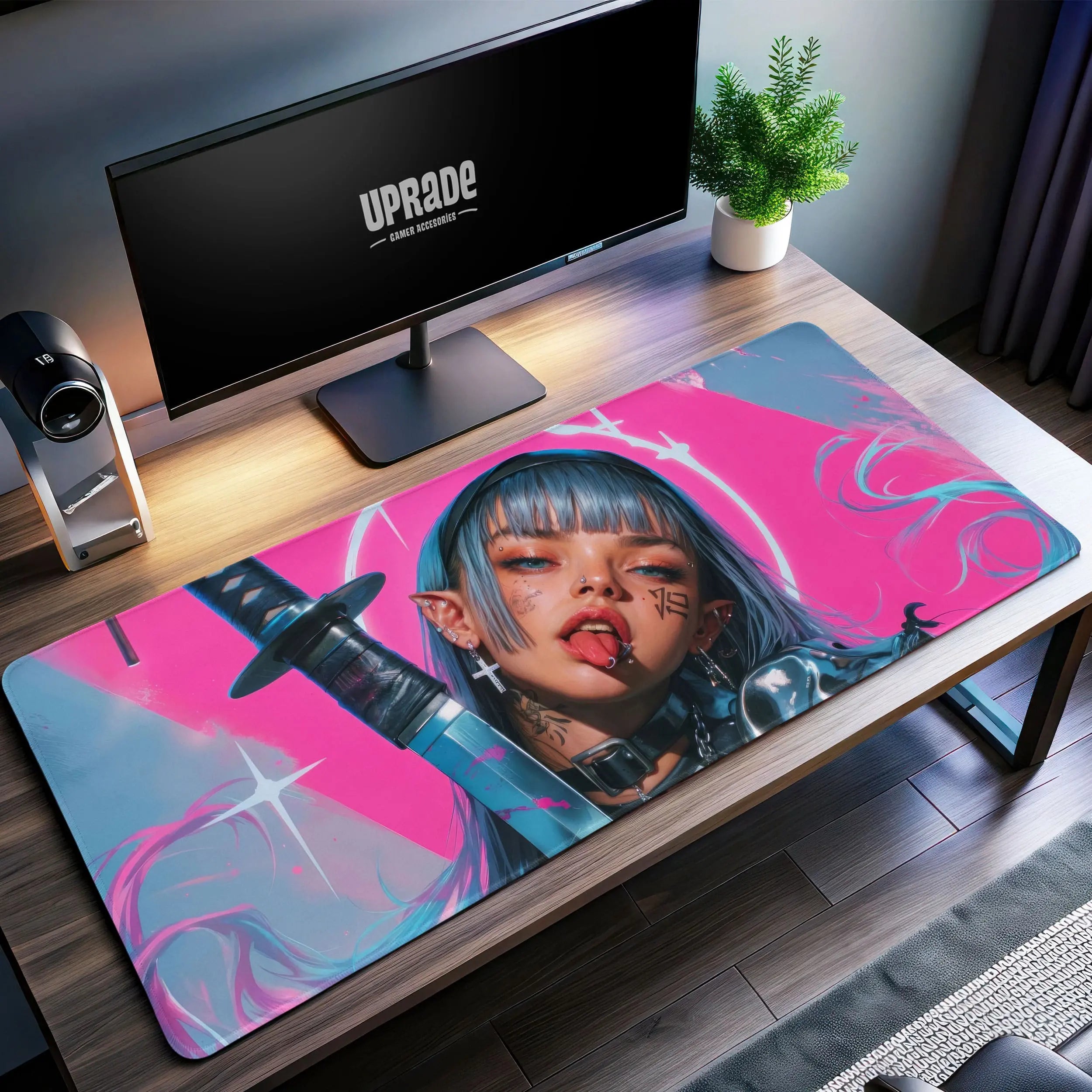 Allleftout Cyberpunk Elf Warrior Desk Mat, Pink Aesthetic Mouse Pad