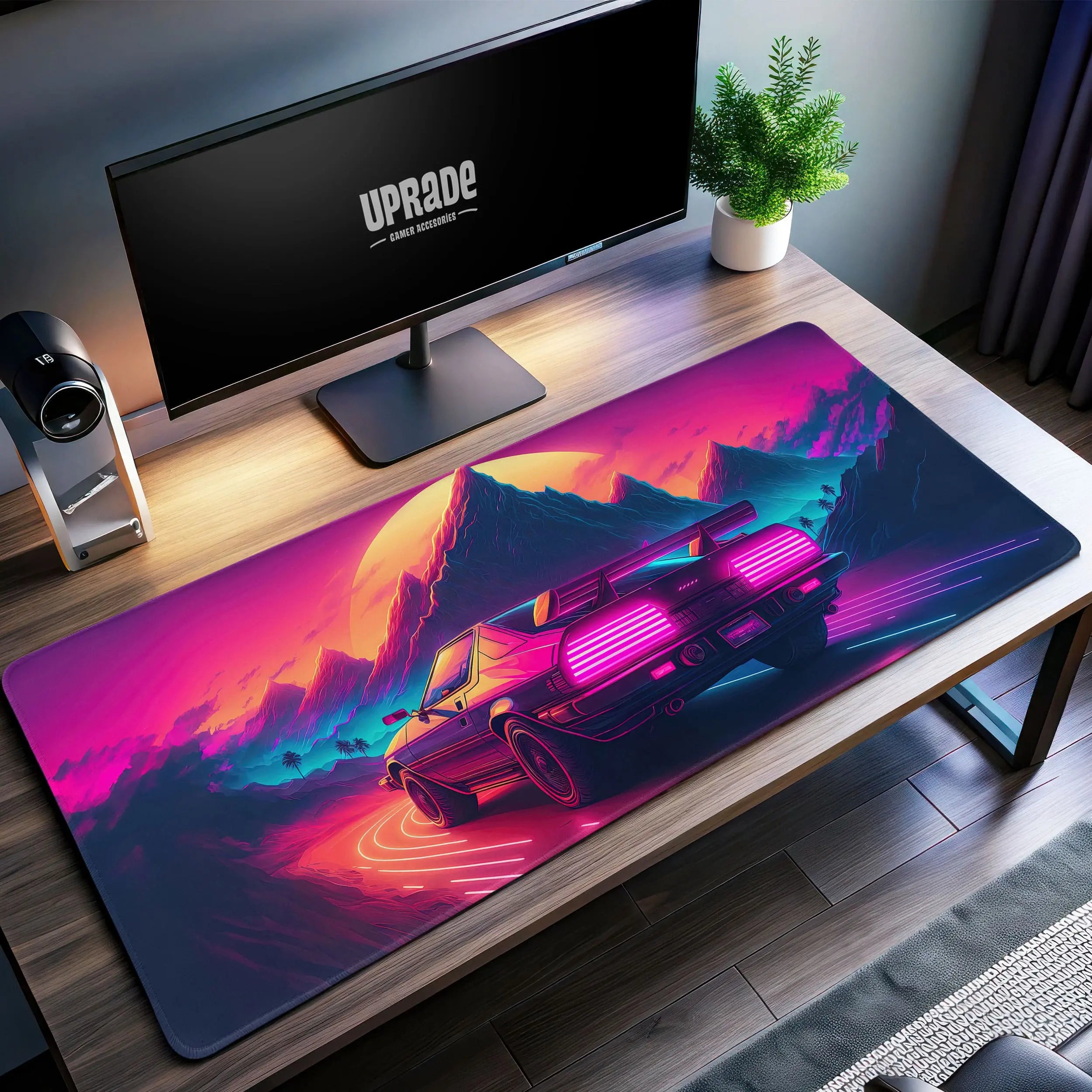 Allleftout Retro Drive Desk Mat, Neon Car Mouse Pad