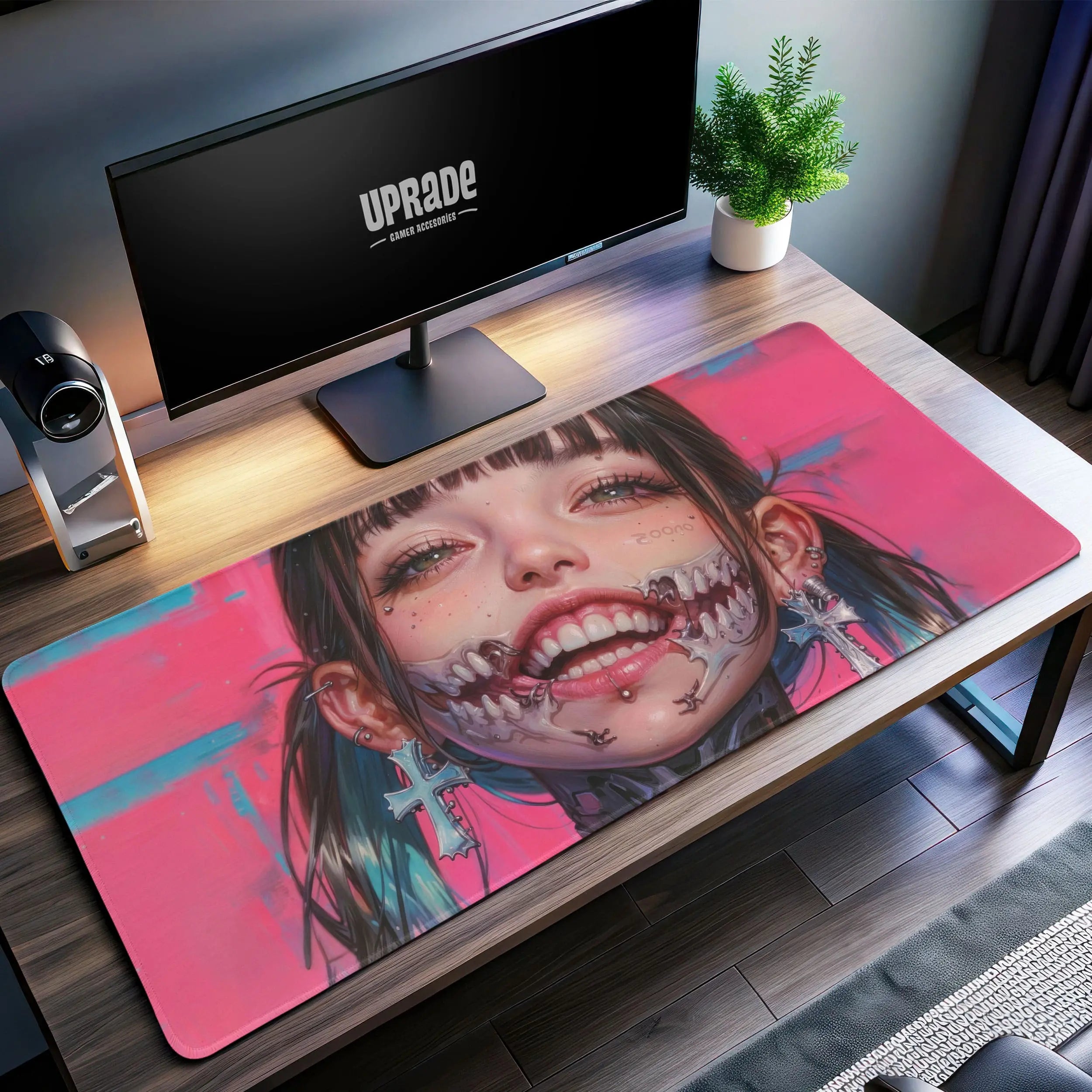 Allleftout Cyberpunk Skull Smile Desk Mat, Pink Aesthetic Mouse Pad
