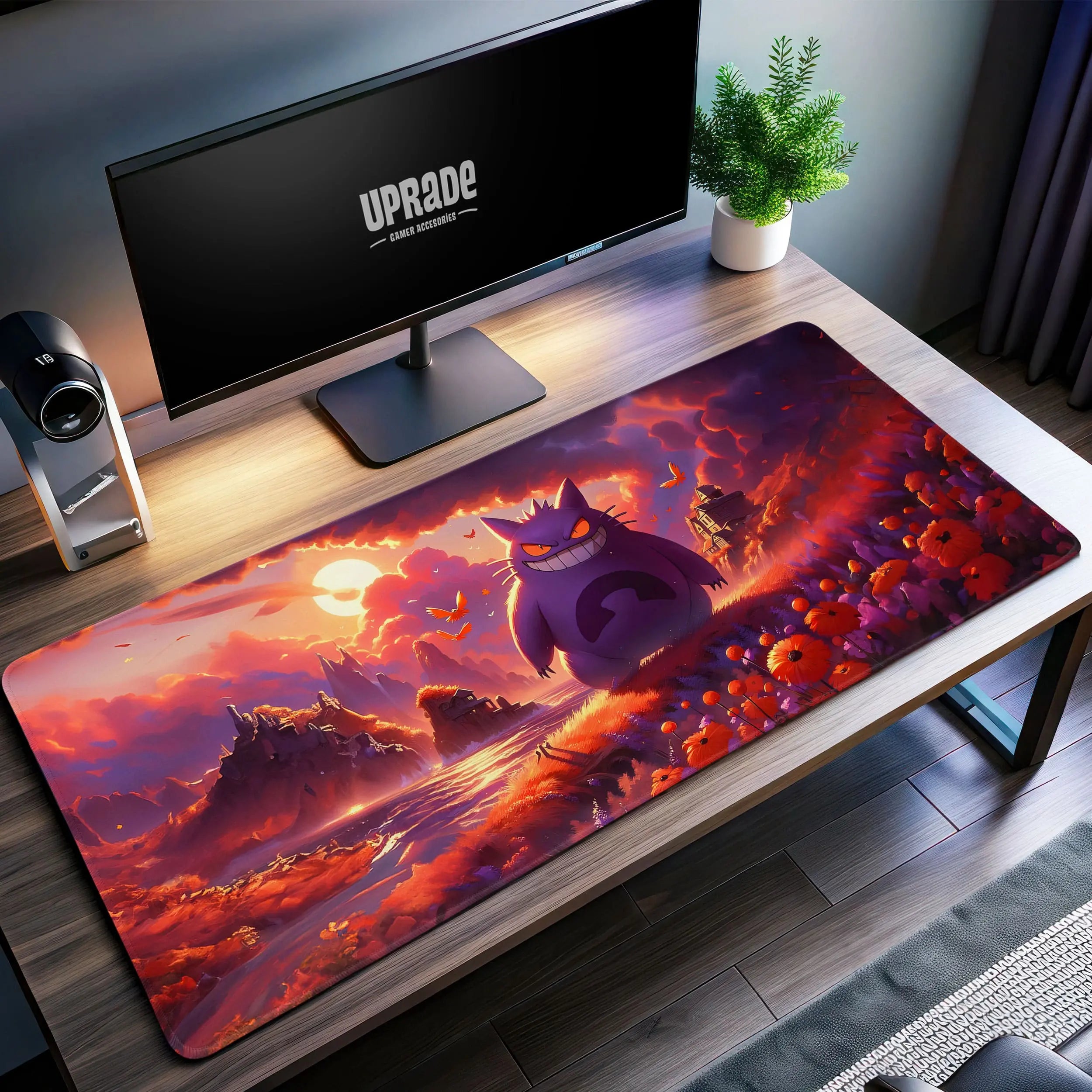 Allleftout Gengar Haunted Sunset Desk Mat, PokMon Landscape Mouse Pad