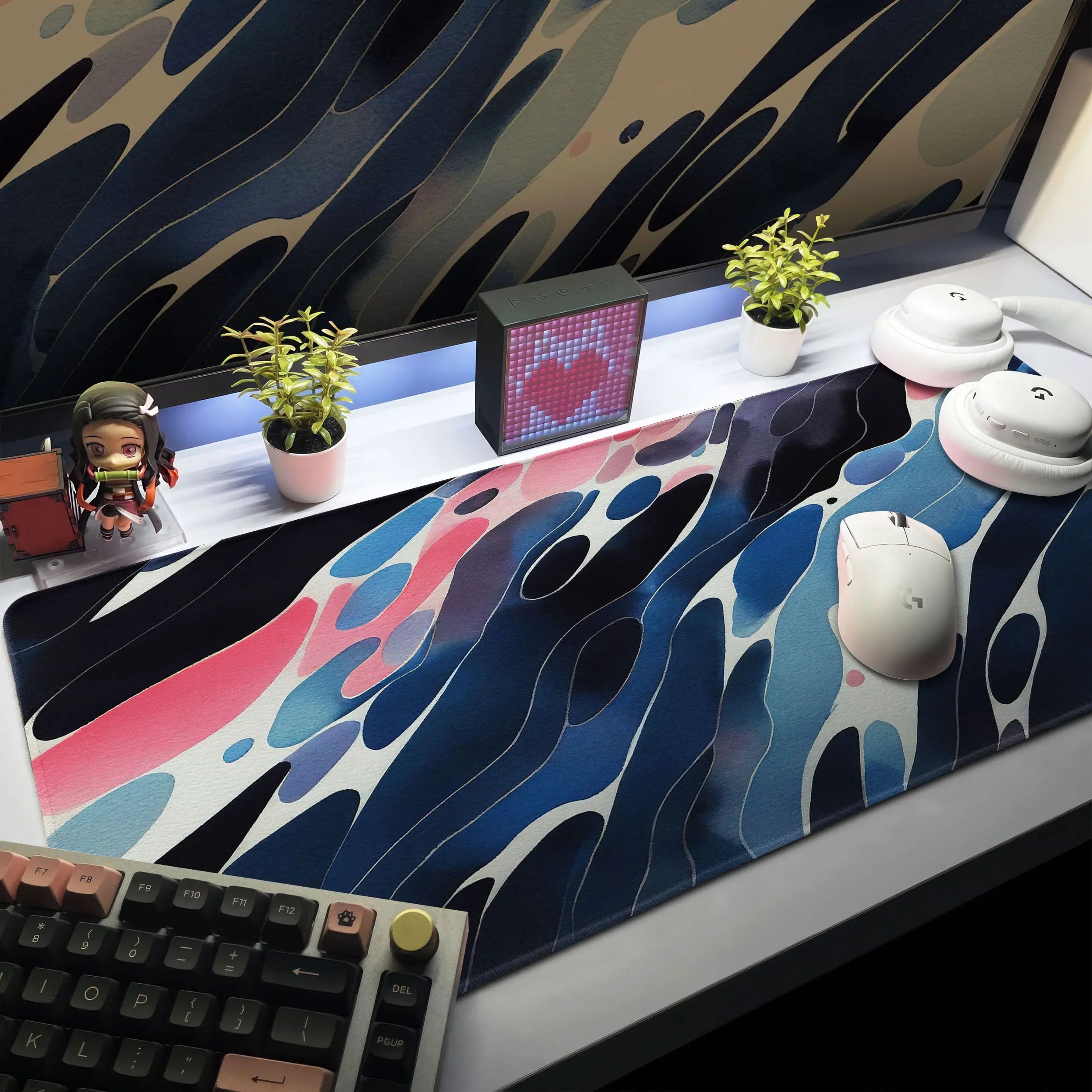 Allleftout Navy And Pink Abstract Desk Mat, Modern Wave Mouse Pad