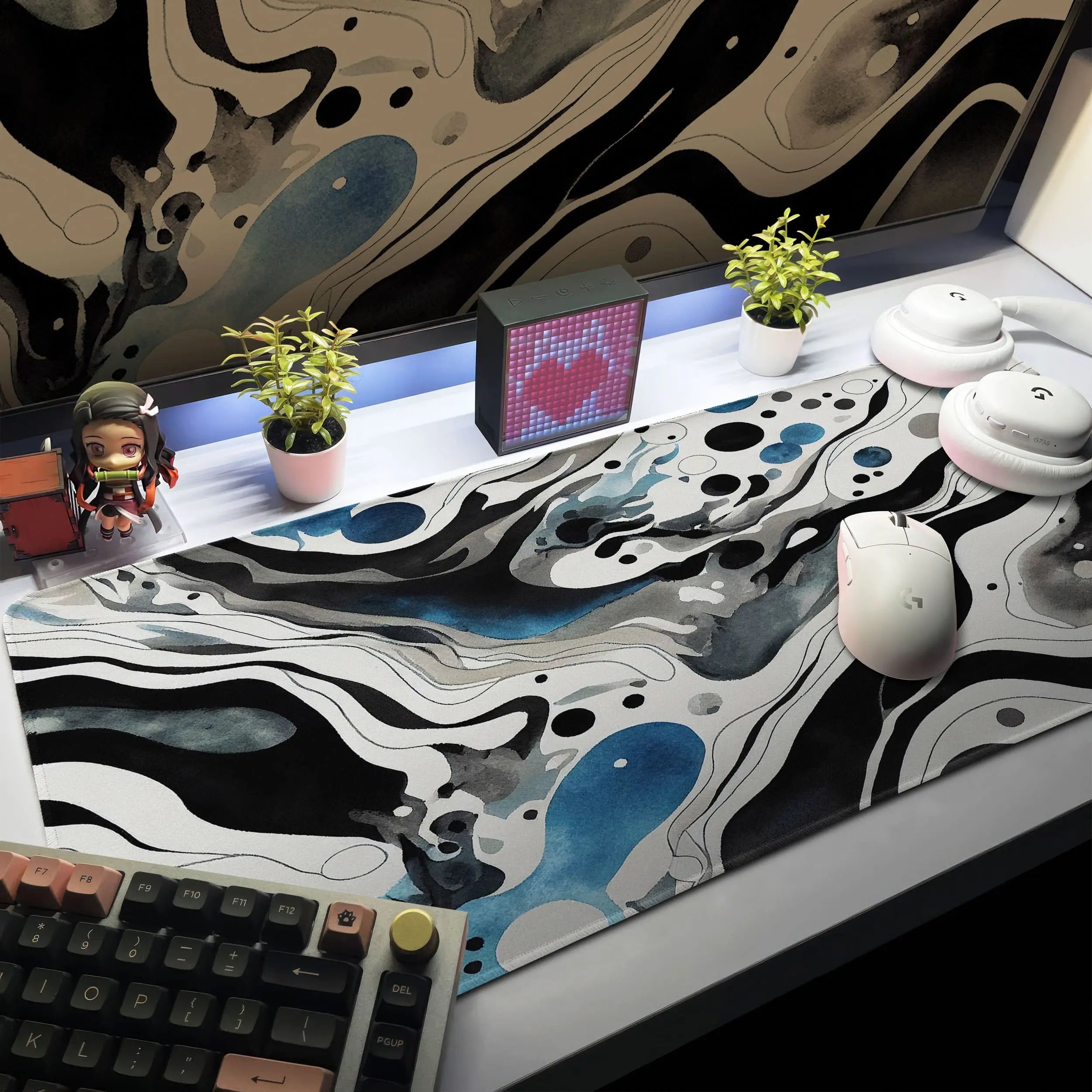 Allleftout Monochrome Flow Desk Mat, Abstract Black And Blue Mouse Pad