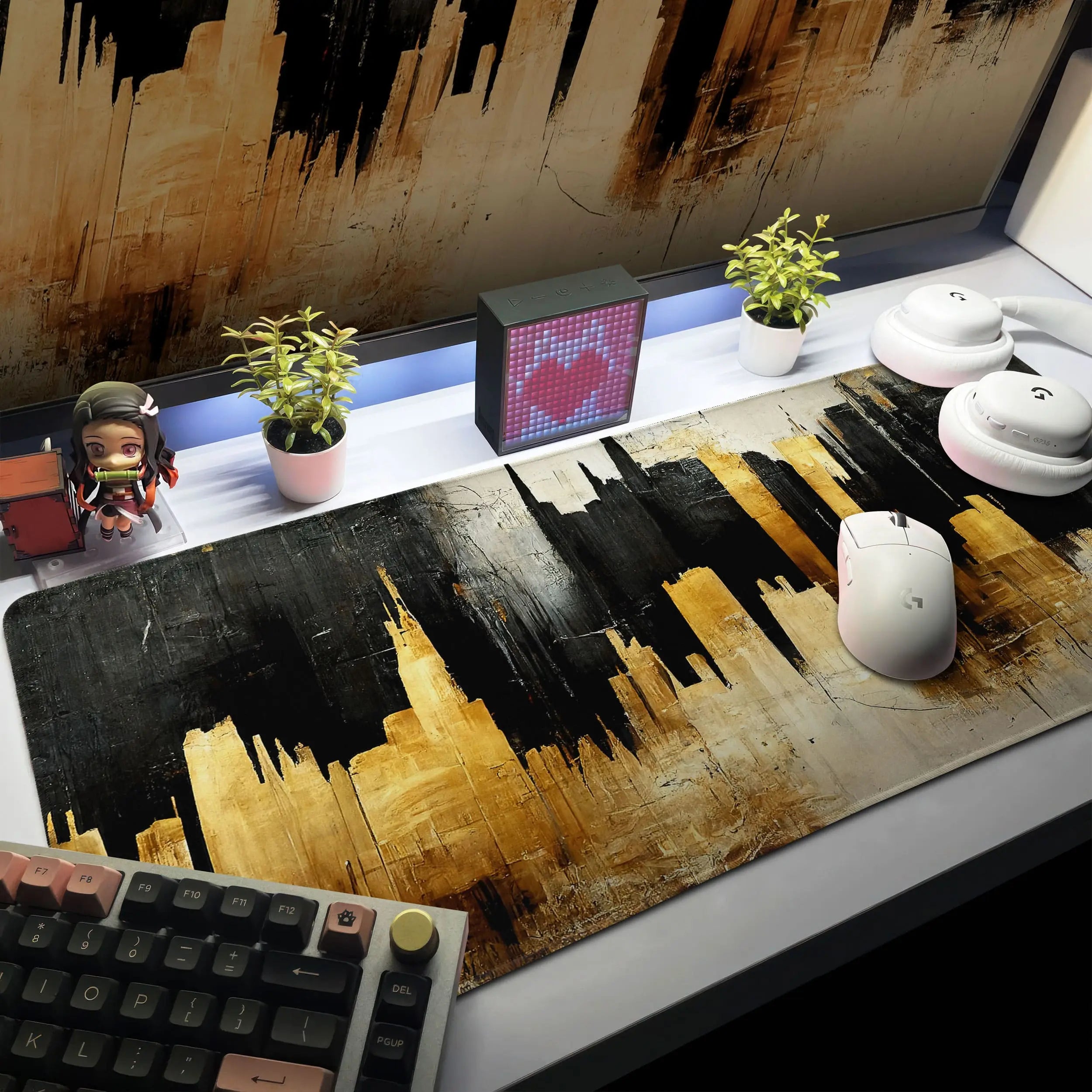 Allleftout Golden Cityscape Desk Mat, Abstract Skyline Mouse Pad