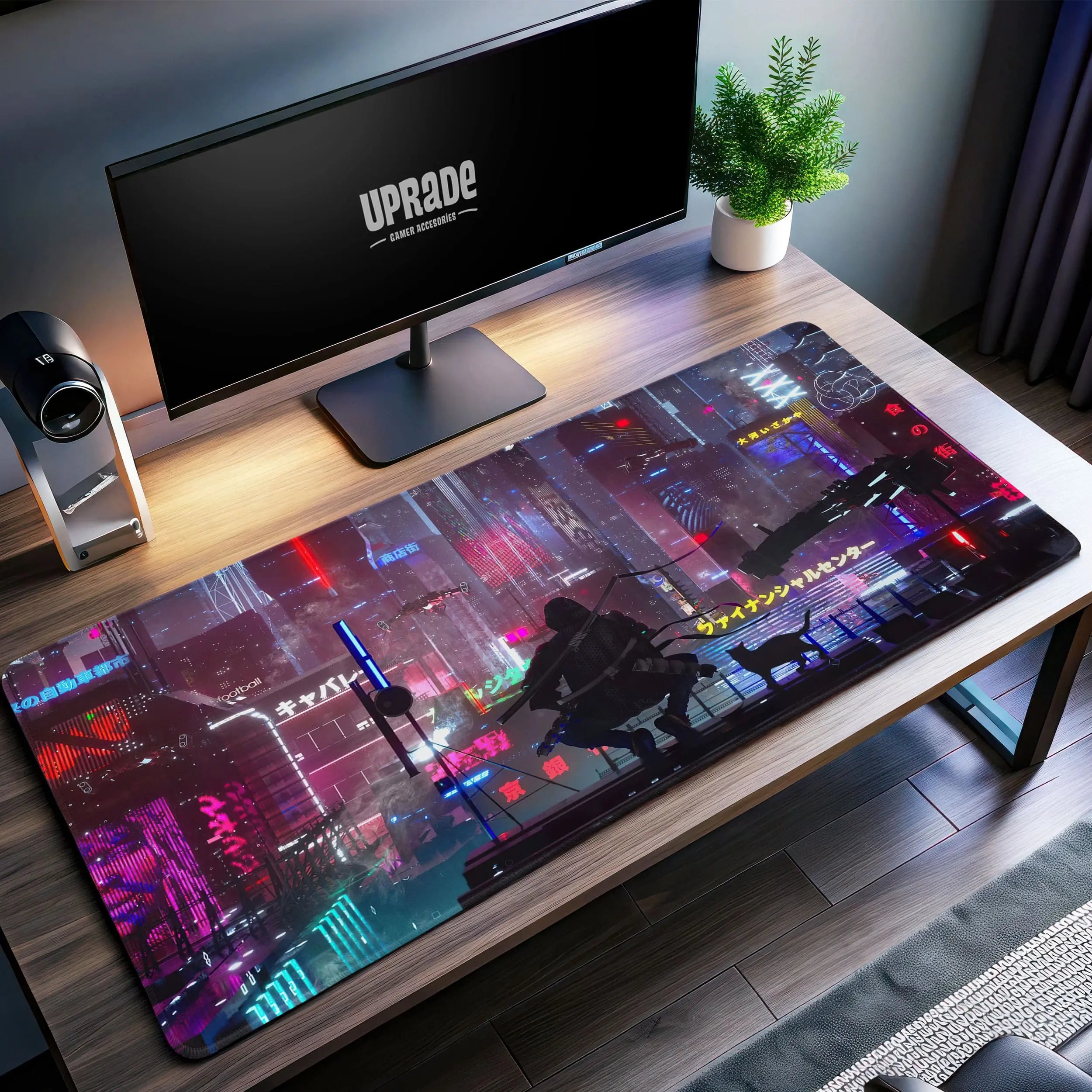 Allleftout Cyberpunk Cityscape Desk Mat, Neon Night Mouse Pad