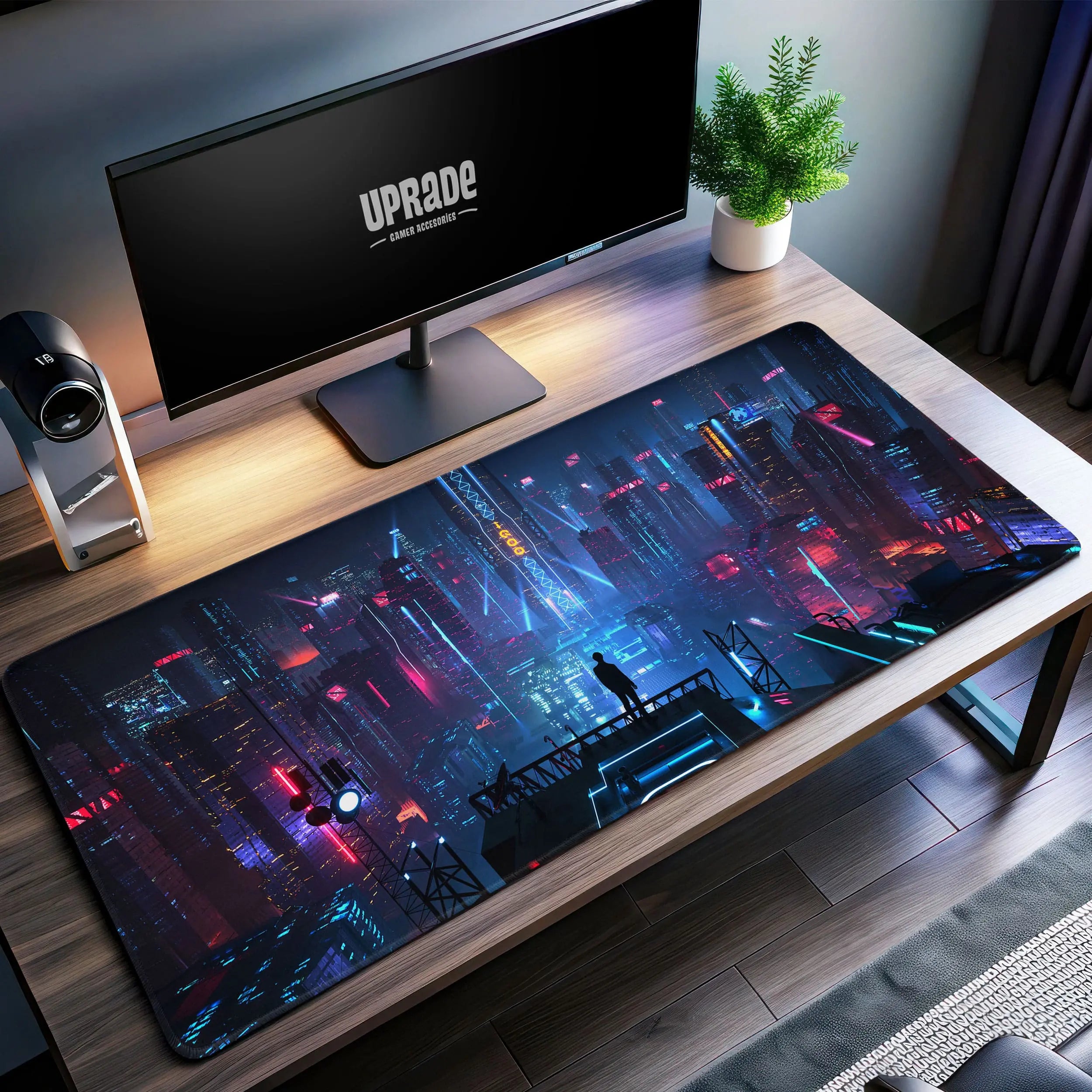 Allleftout Cyberpunk Skyline Desk Mat, Neon Cityscape Mouse Pad