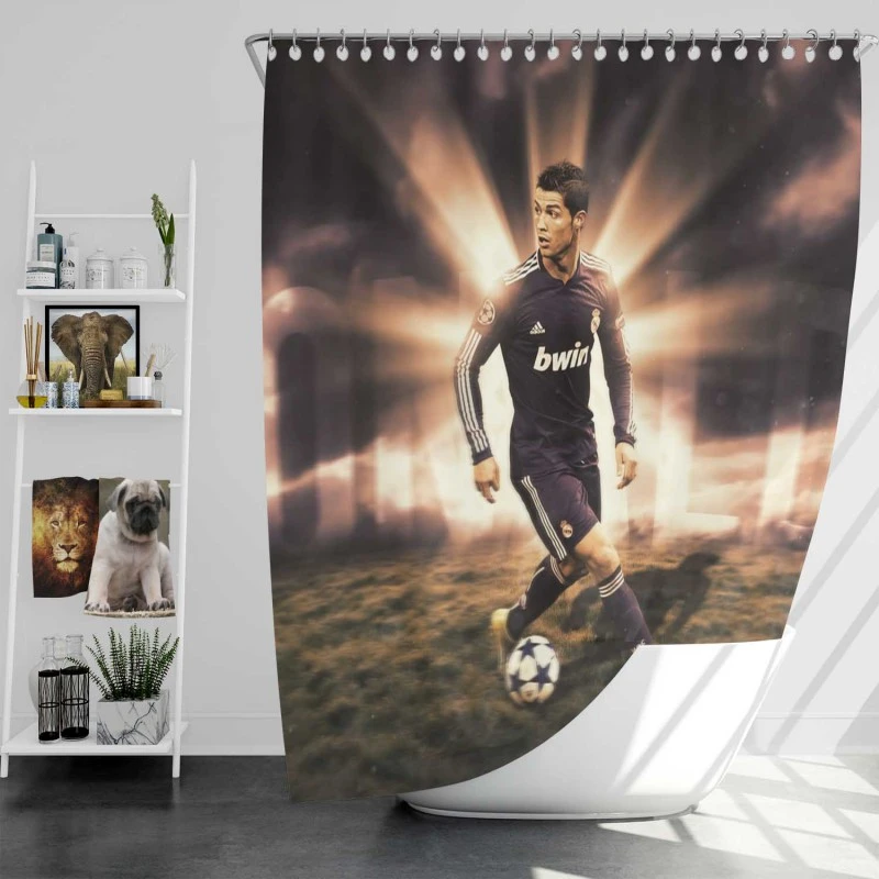 Cristiano Ronaldo In Black Jersey Football Player Shower Curtain