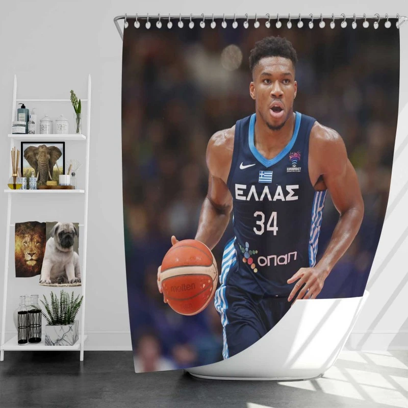 Giannis Antetokounmpo Powerful Nba Basketball Player Shower Curtain