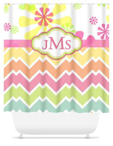 Spring Flowers And Candy Chevron Shower Curtain With Monogram, Personalized