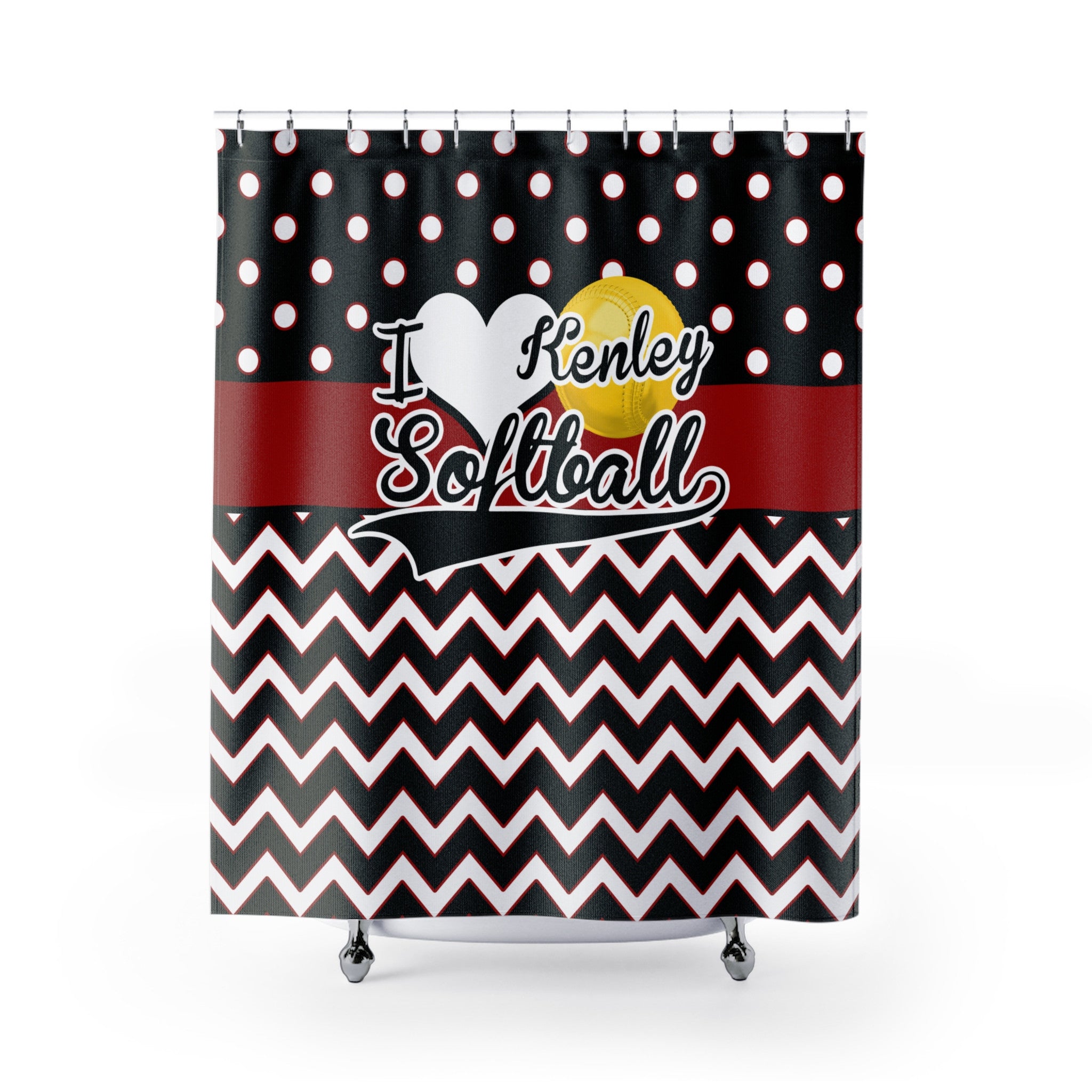 I Love Softball, Red And Black Chevron And Polka Dots Shower Curtain