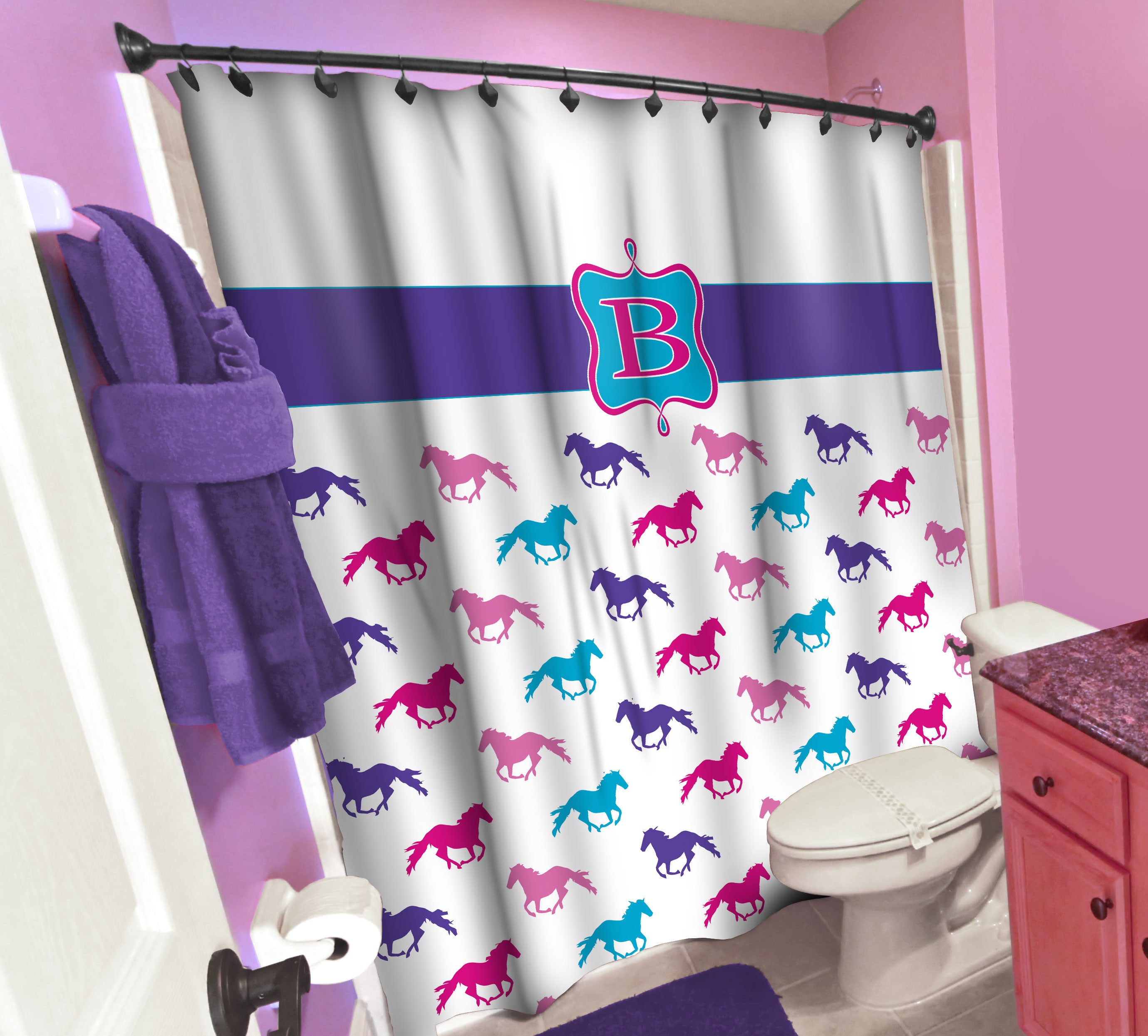 Horse Shower Curtain, Pink, Purple Teal Horses, Personalized