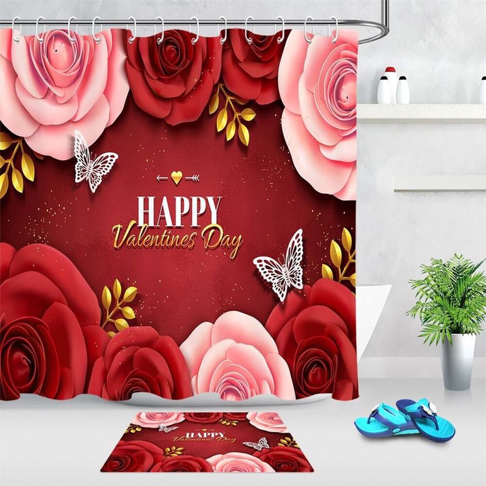 Valentine Shower Curtain, Happy Valentines Day Shower Curtains Roses Butterfly Bathroom Curtains Valentine Decor Bathroom Decoration