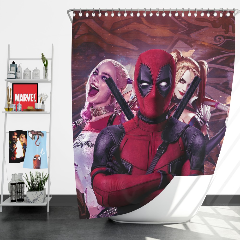 Deadpool And Harley Quinn Artwork Shower Curtain