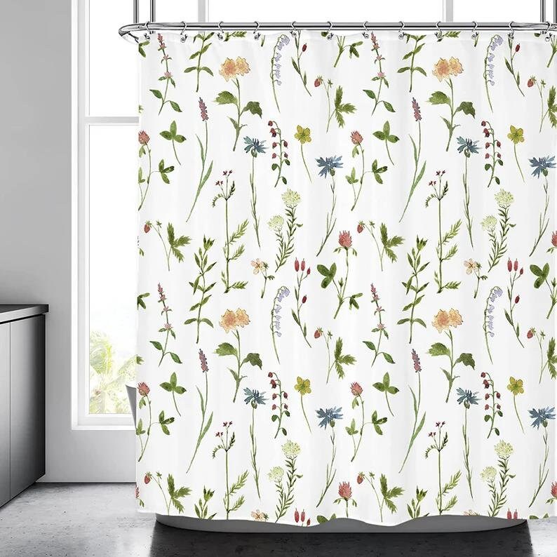 Spring Flower Garden Herbs Shower Curtain With Botanical Floral Design For Bathroom Decor