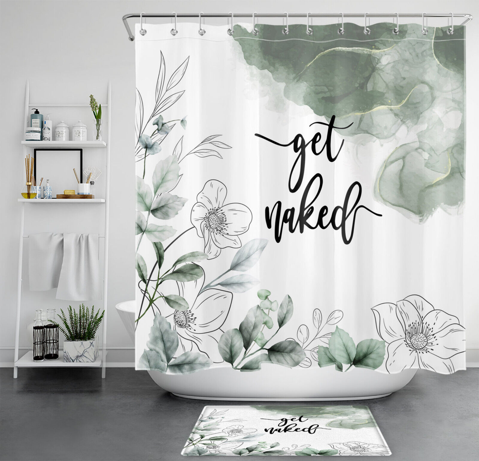 Green Marble Texture Shower Curtain With Botanical Floral Accents For Elegant Bathroom Decor