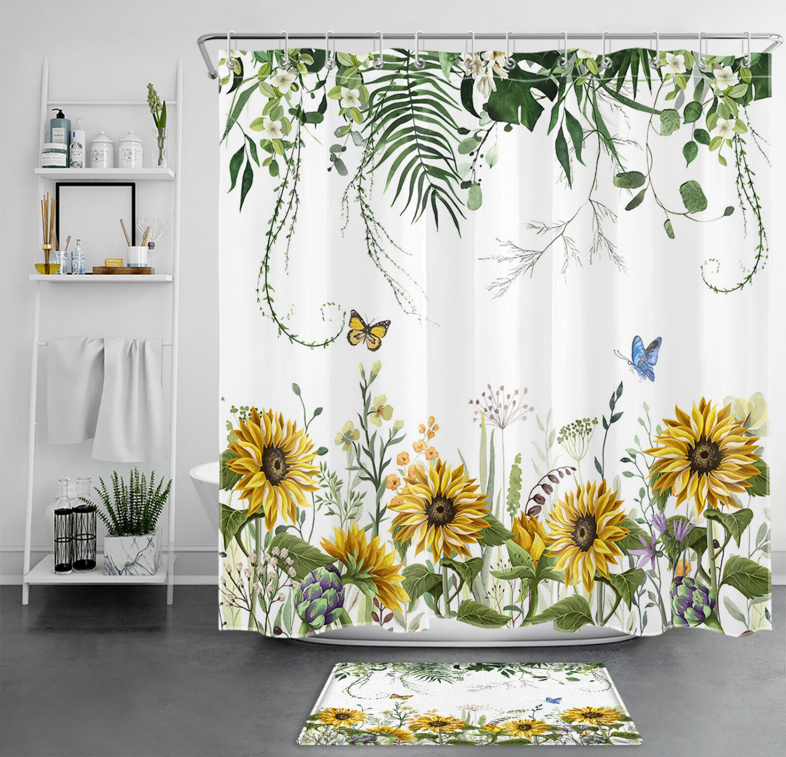 Sunflower Botanical Floral Butterfly Shower Curtain For Cheerful Bathroom Decor