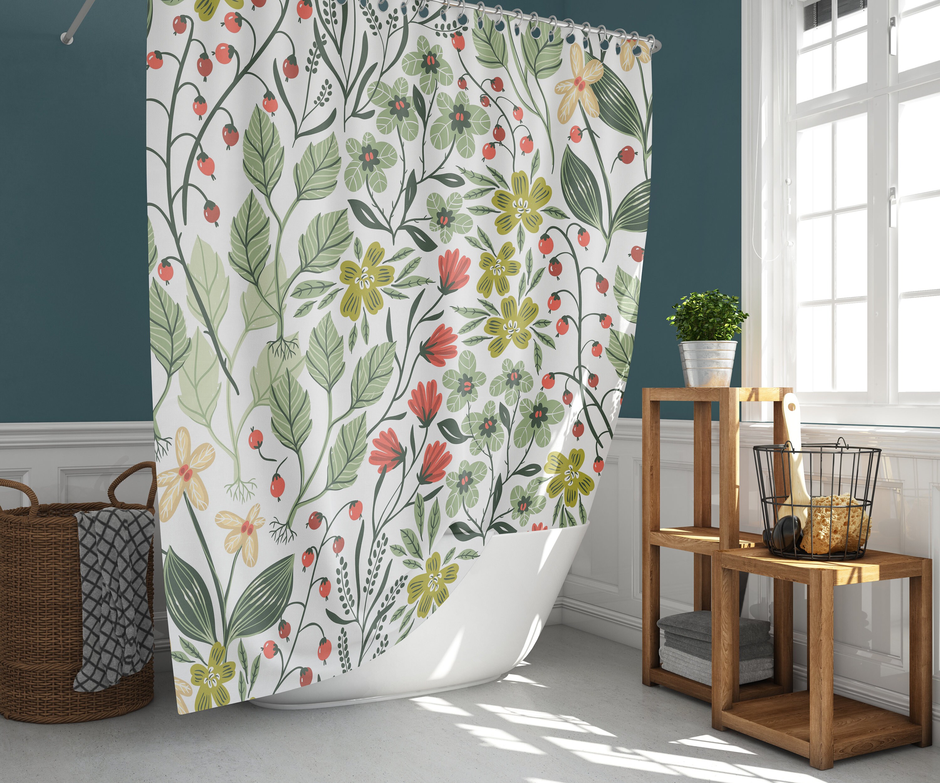 Botanical Floral Leaves Shower Curtain With Garden Berries For Refreshing Bathroom Decor
