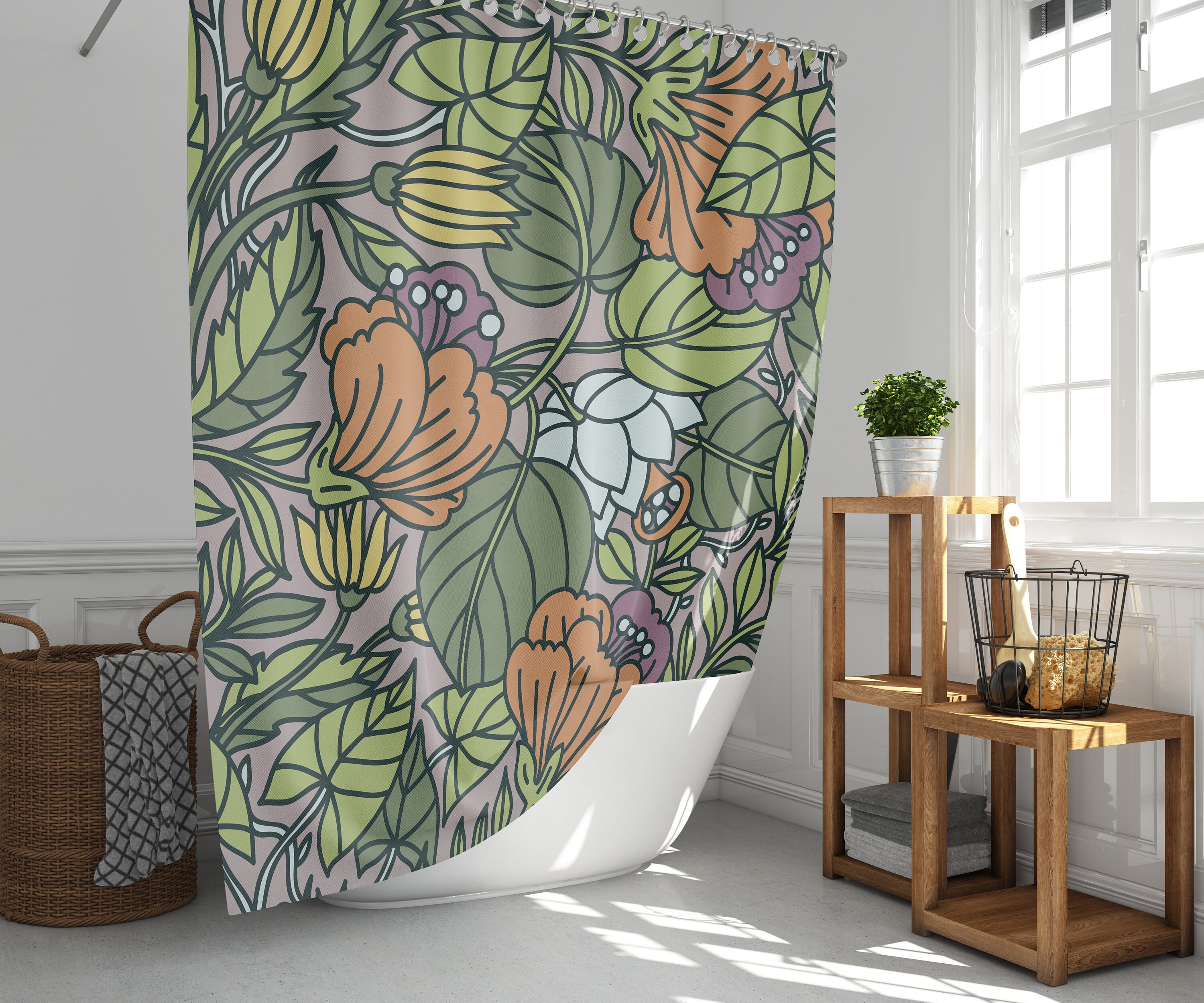 Botanical Floral Forest Waterproof Shower Curtain With Colorful Wildflowers For Housewarming Gift