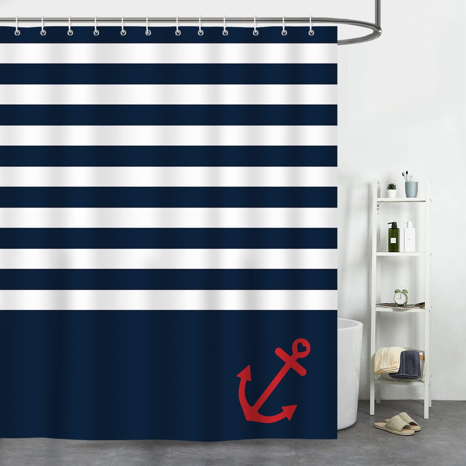 Navy Blue Anchor Nautical Stripe Shower Curtain For Chic Bathroom Decor