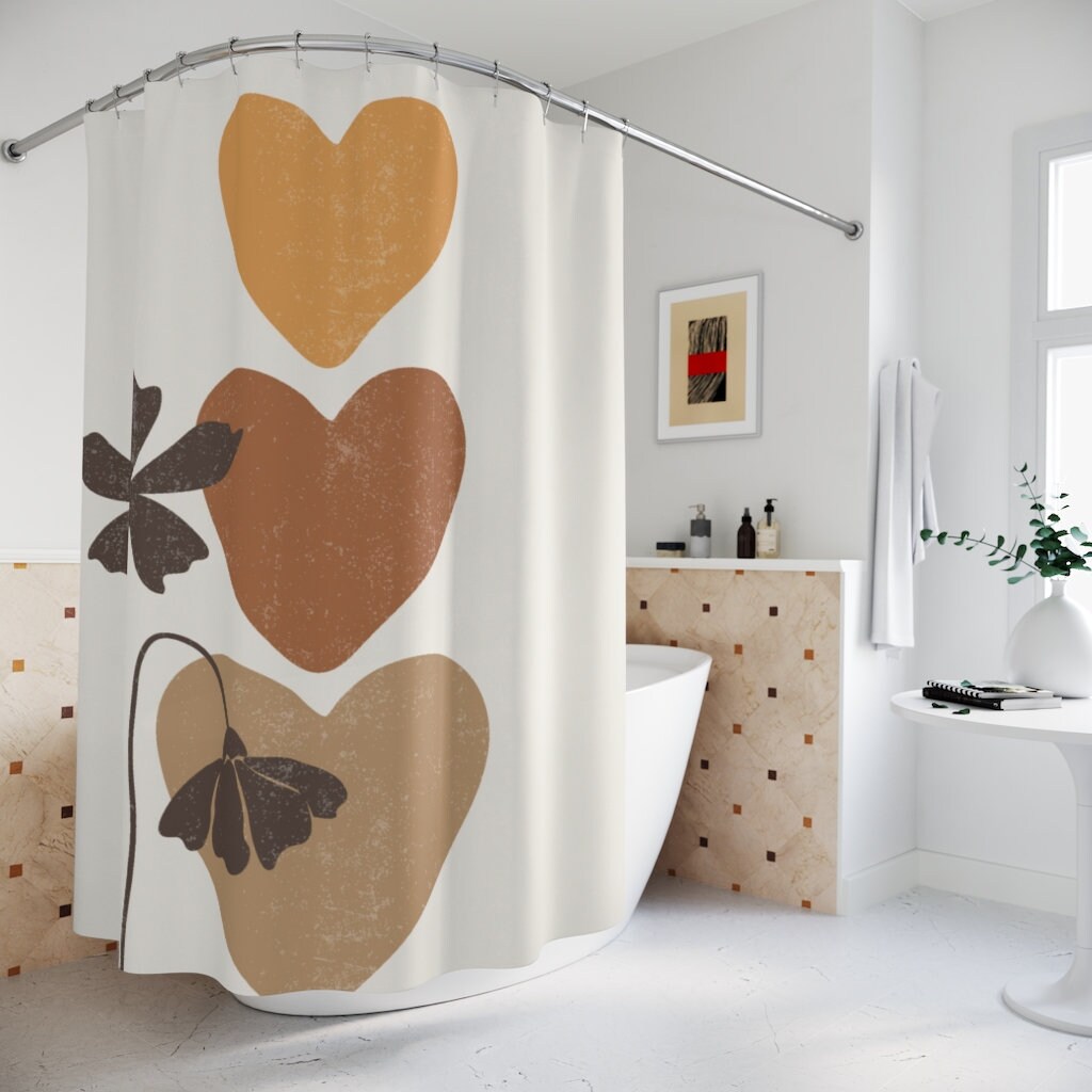 Shabby Chic Botanical Heart And Floral Print Shower Curtain For Romantic Bathroom Decor