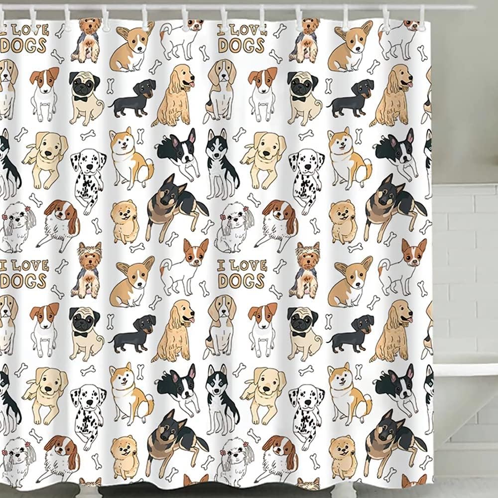 Cute Puppy Dog Shower Curtain Set For Kids Bathroom Decor